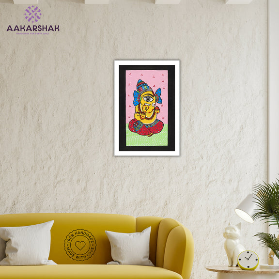Traditional Indian wall painting displayed in modern home interior setting
