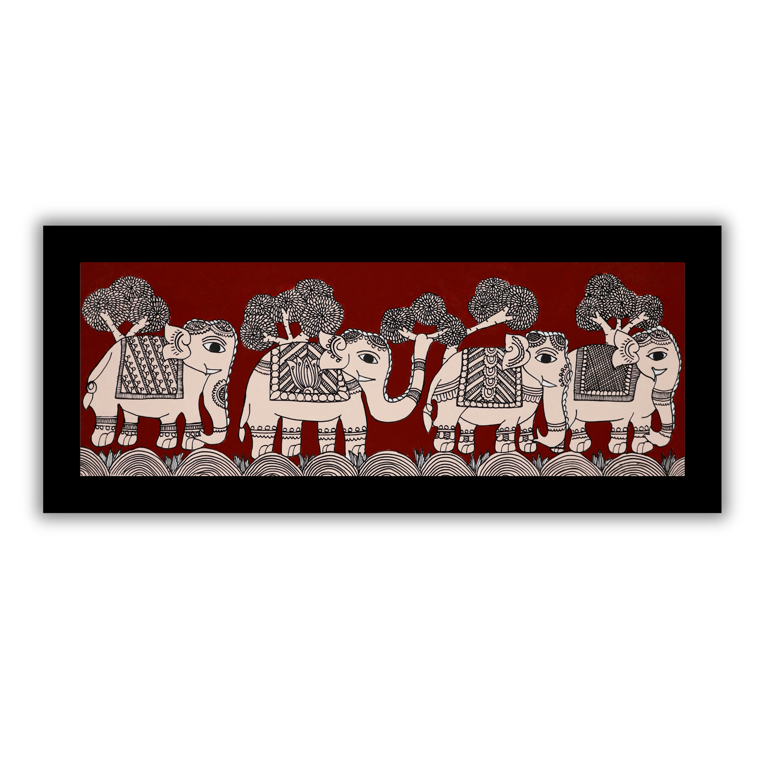 AAKARSHAK Kalamkari Painting Handmade Elephant Kalamkari art Framed Traditional Indian paintings for Wall Living room Home decor Gifts - 8x23 Inch |(KLN105)