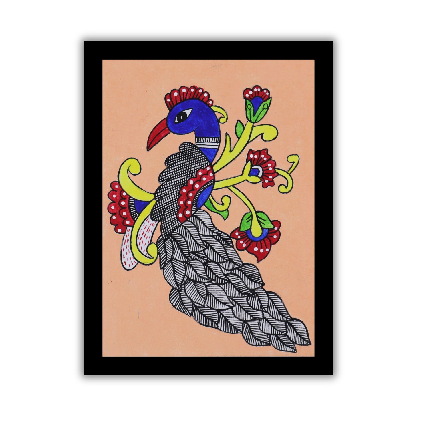 Handmade Kalamkari painting with Peacock motif, framed for wall decor – traditional Indian folk art
