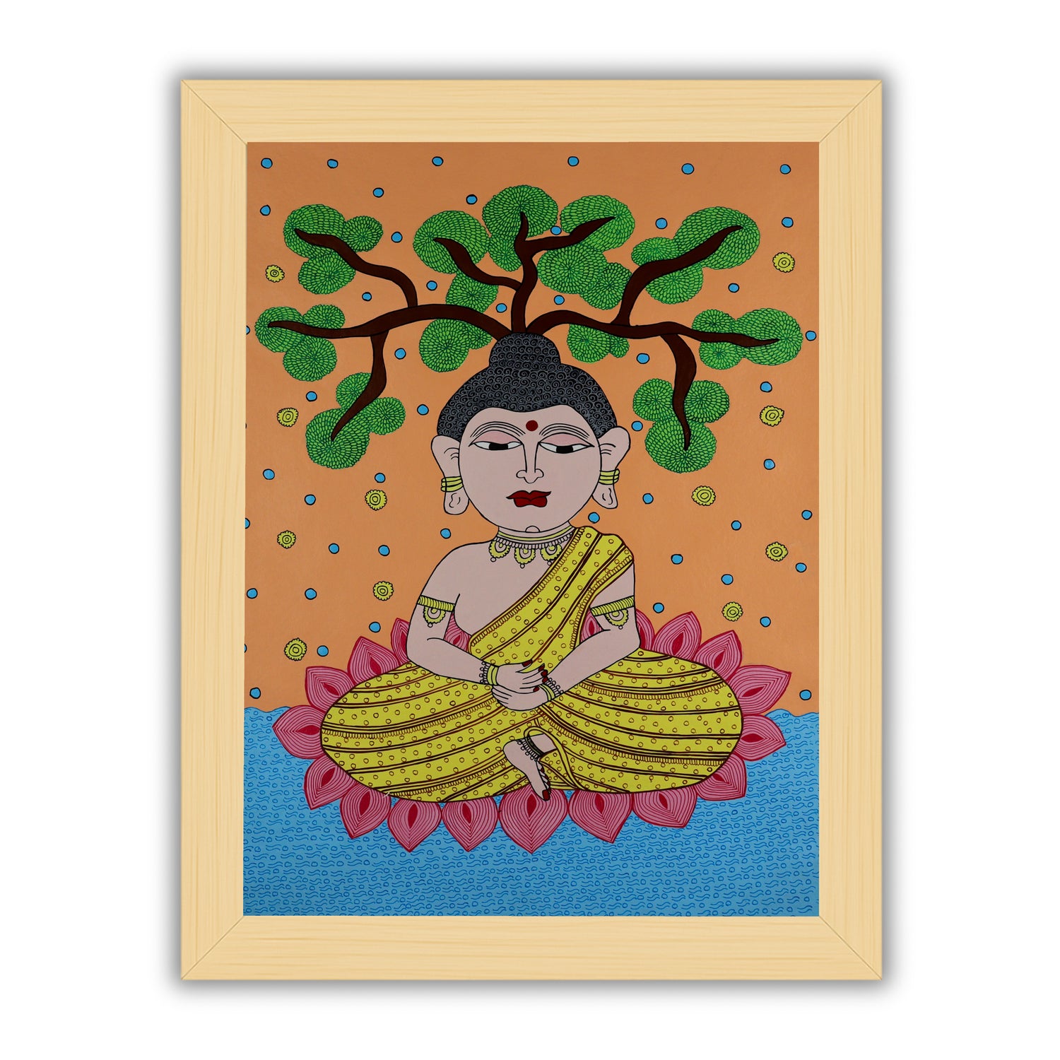 Handmade Kalamkari painting with Buddha design, framed and ready to hang – Indian folk art on wall

