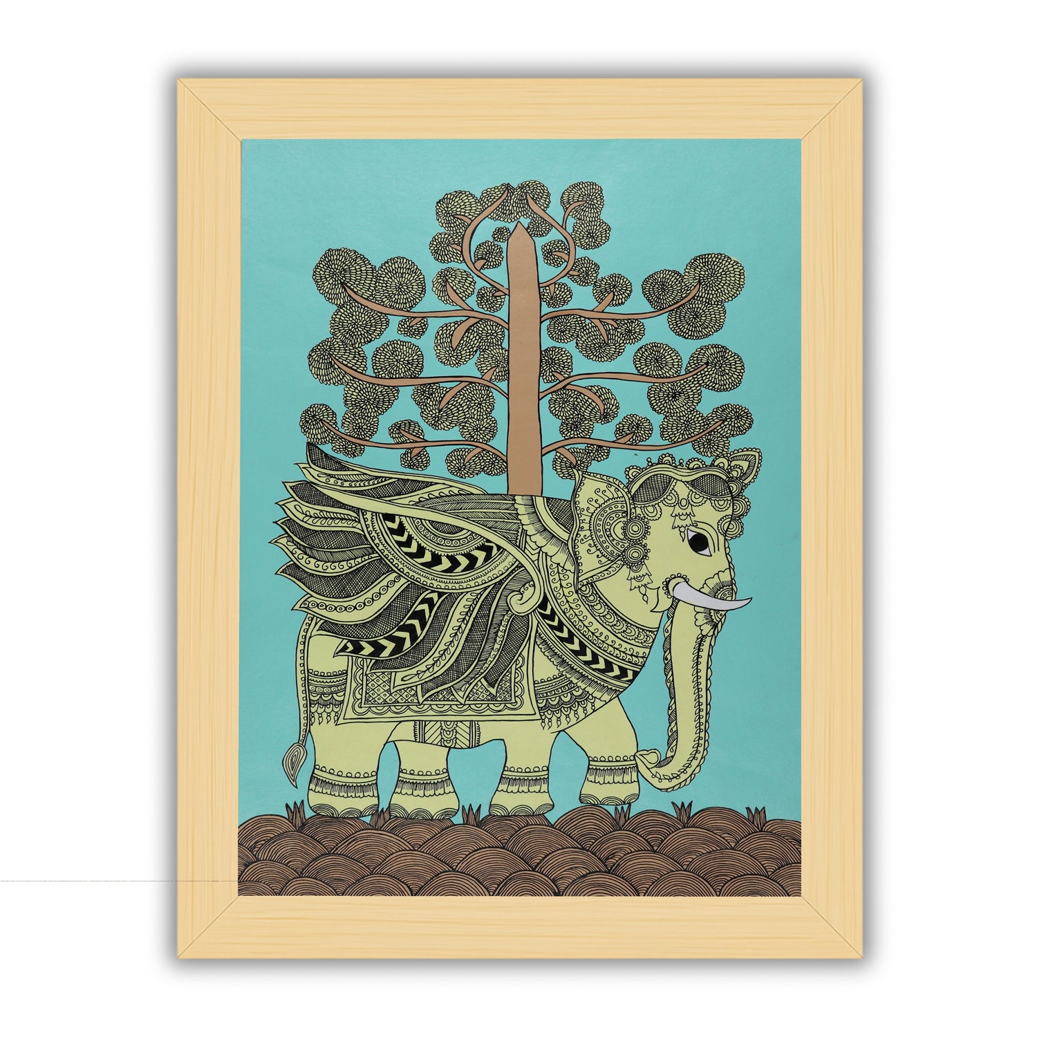 Handmade Kalamkari painting with Elephant design, framed and ready to hang – Indian folk art on wall
