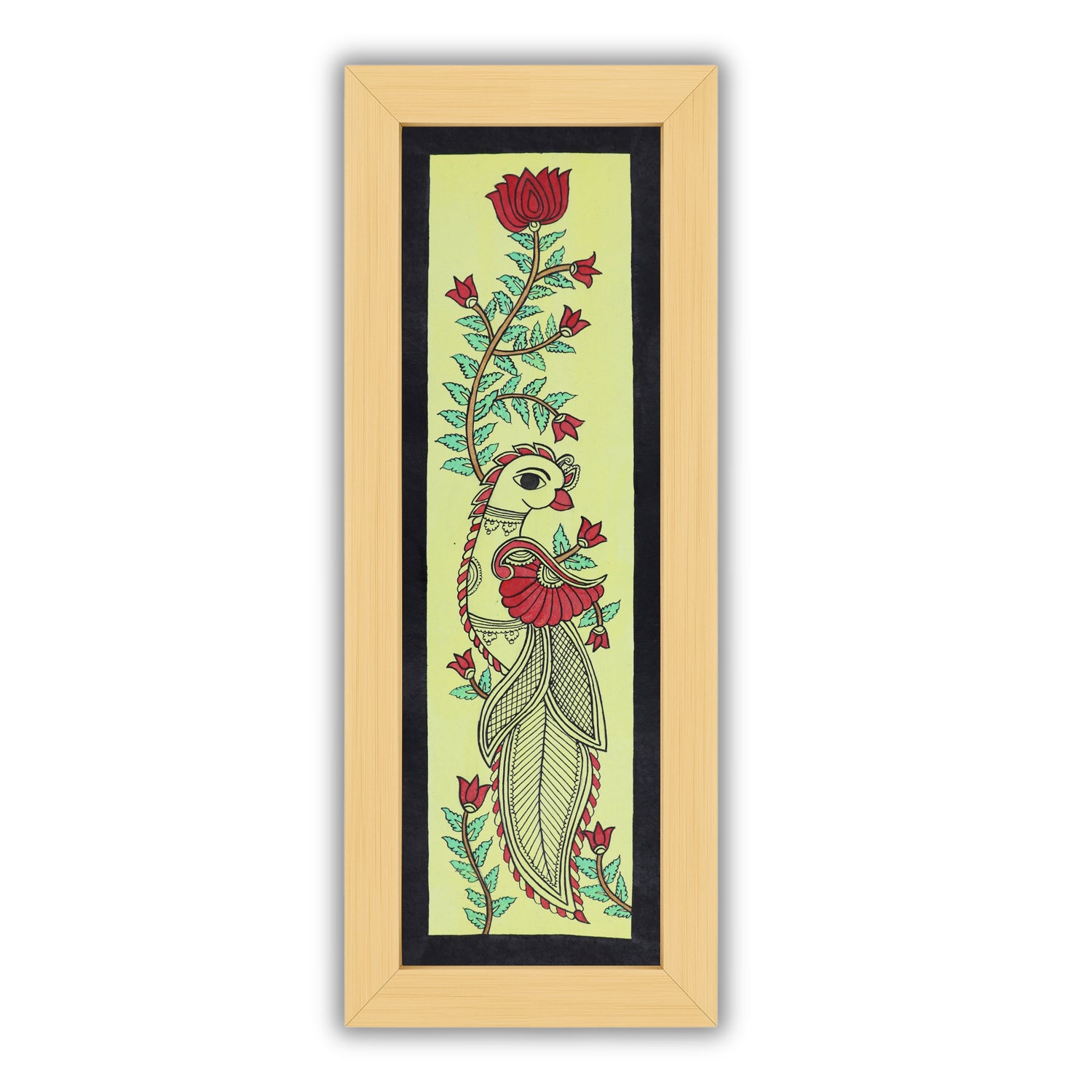 Handmade Kalamkari painting with peacock design, framed and ready to hang – Indian folk art on wall
