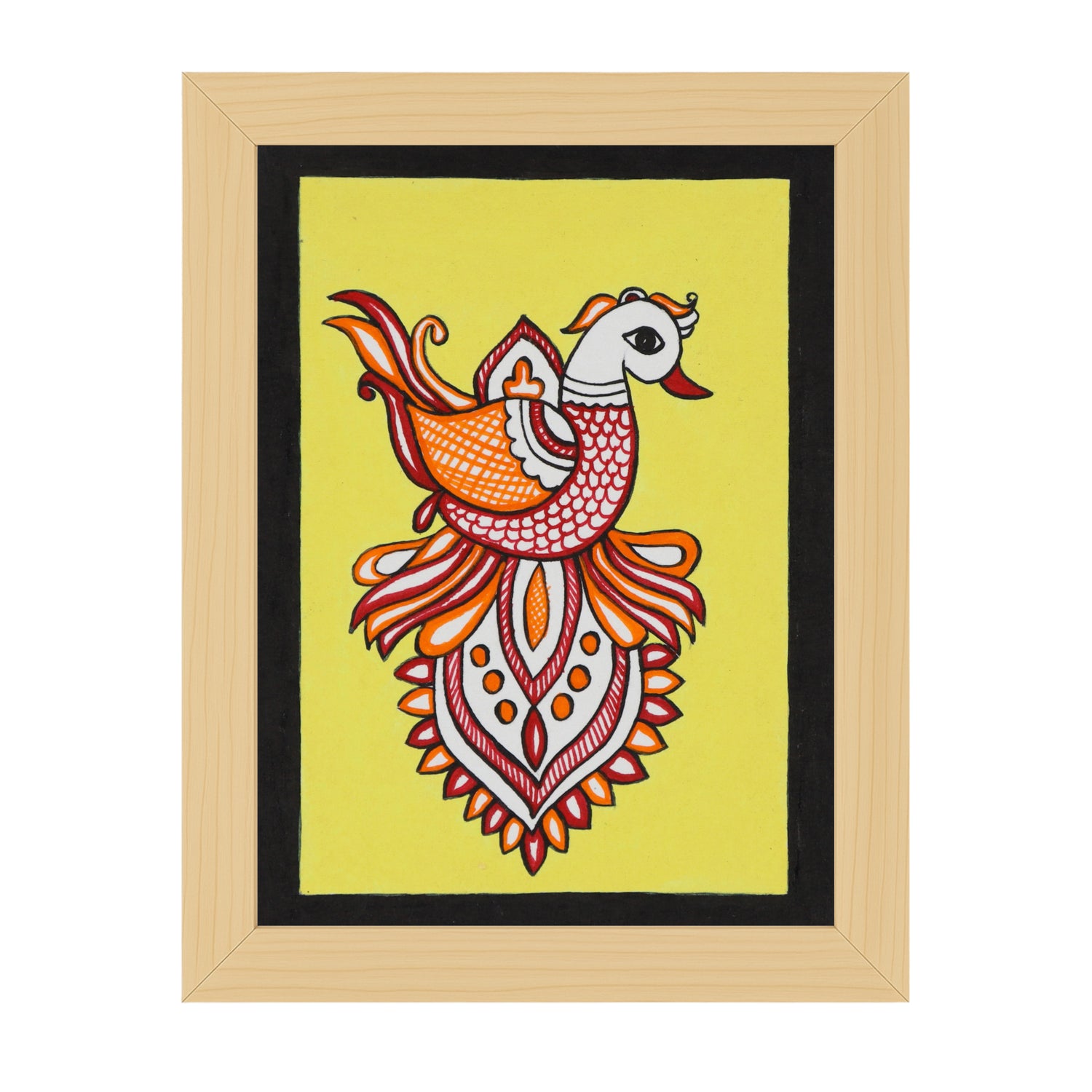 Handmade Madhubani painting with peacock design, framed and ready to hang – Indian folk art on wall
