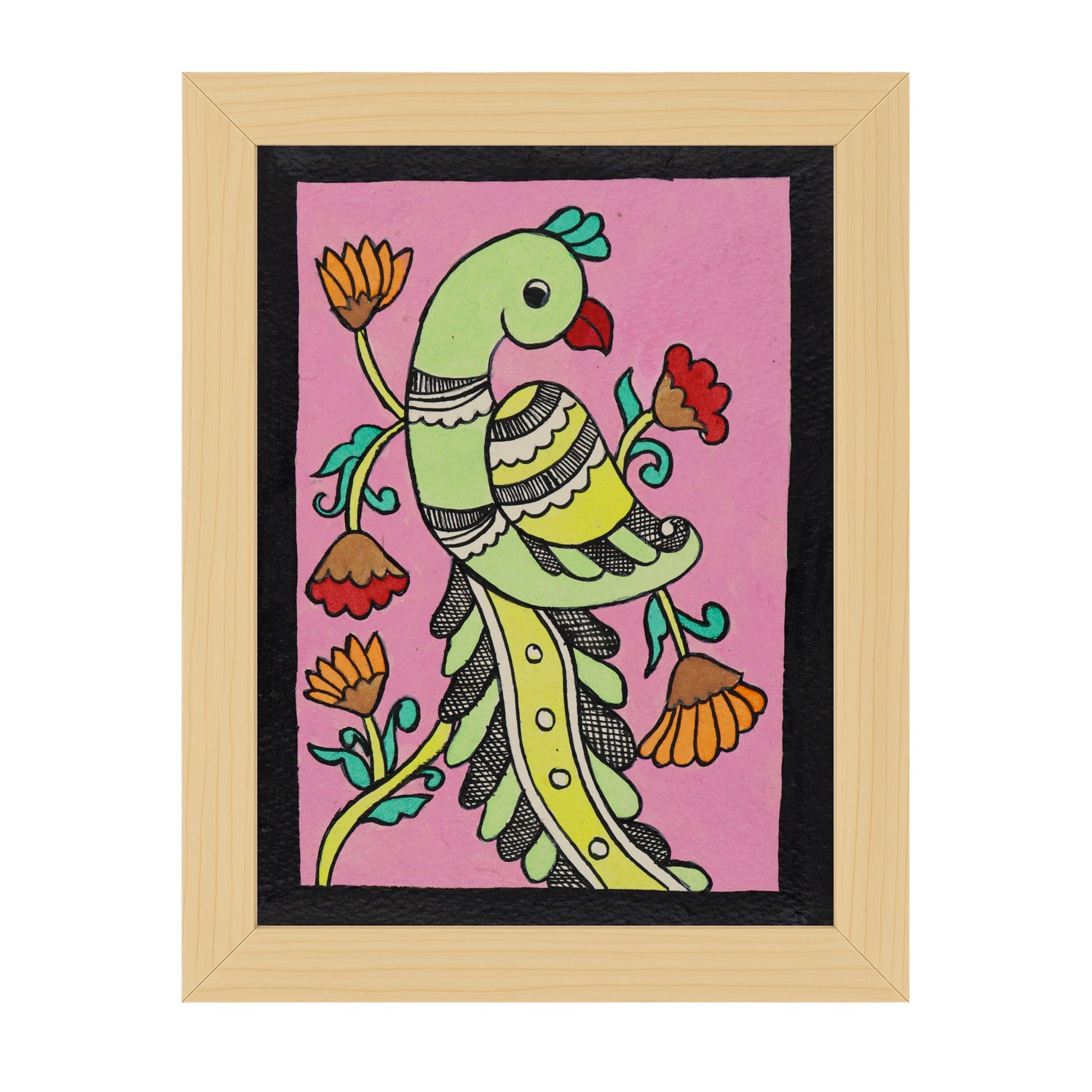 Handmade Madhubani painting with peacock design, framed and ready to hang – Indian folk art on wall
