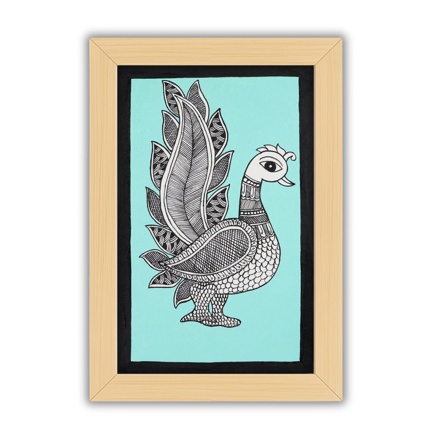Handmade Kalamkari painting with Peacock motif, framed for wall decor – traditional Indian folk art
