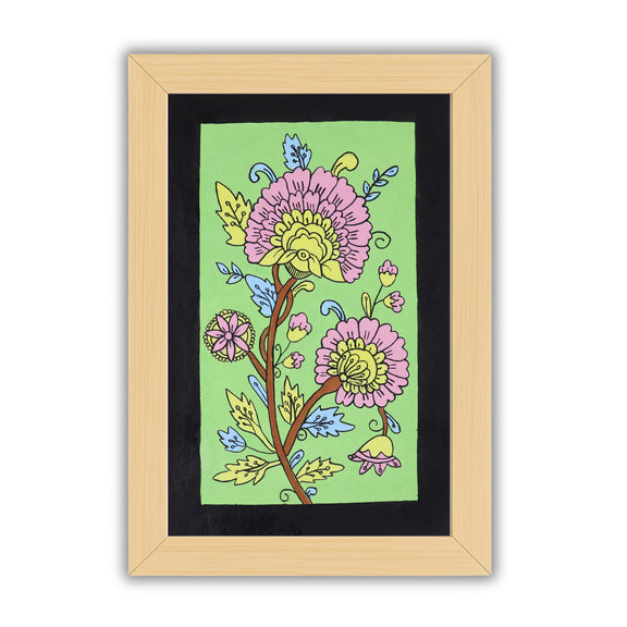 Handmade Kalamkari painting with Flower motif, framed for wall decor – traditional Indian folk art
