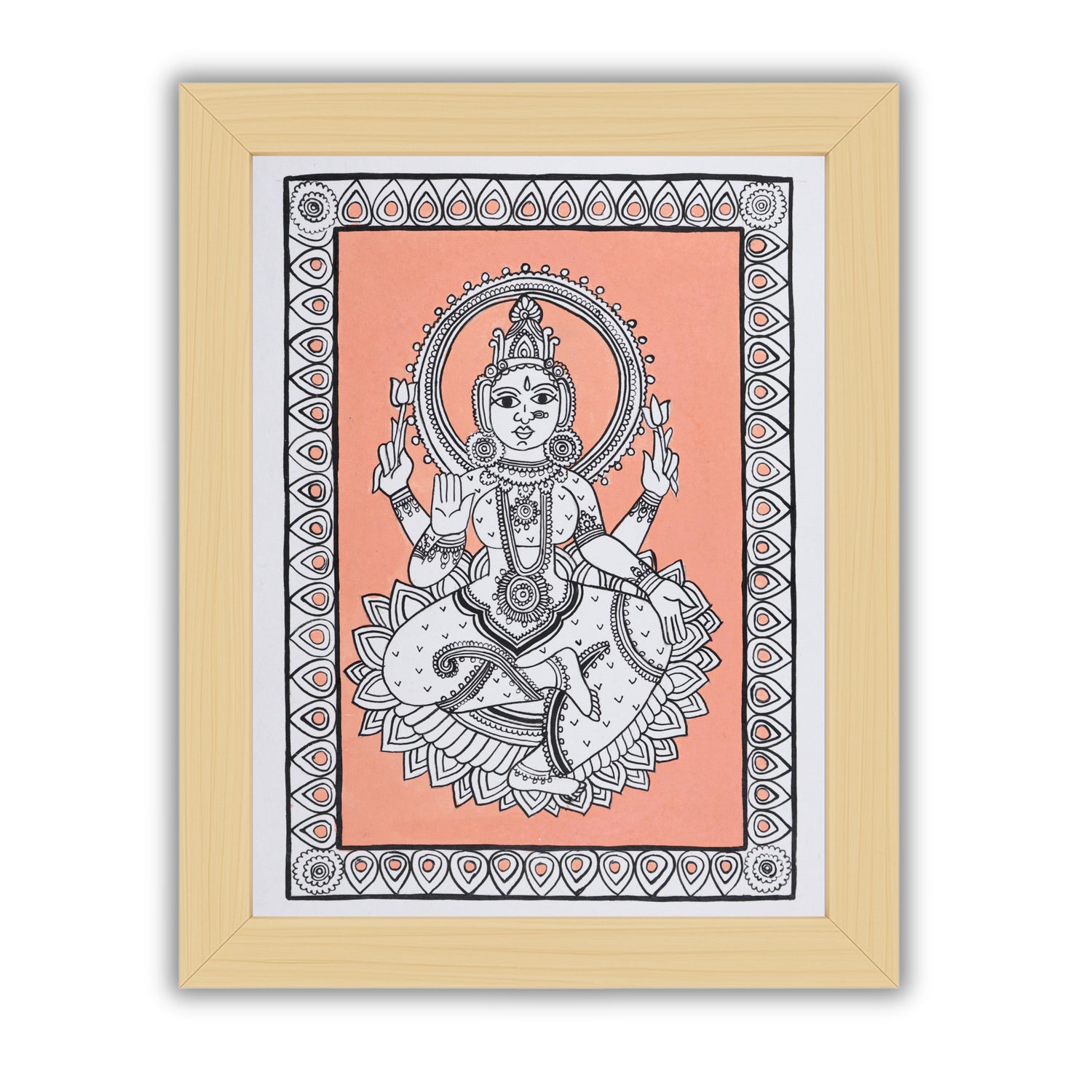Handmade Kalamkari painting with Laxmi motif, framed for wall decor – traditional Indian folk art
