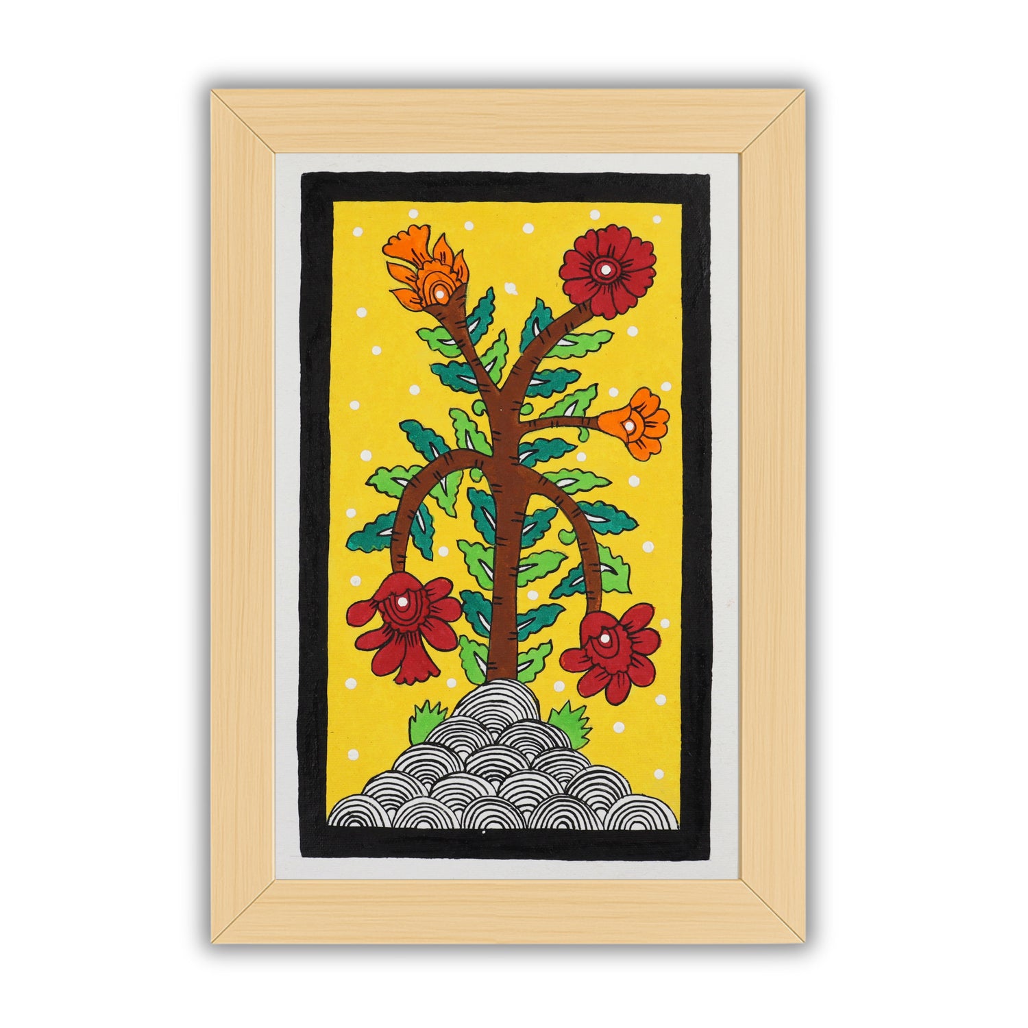 Handmade Kalamkari painting with Flower motif, framed for wall decor – traditional Indian folk art
