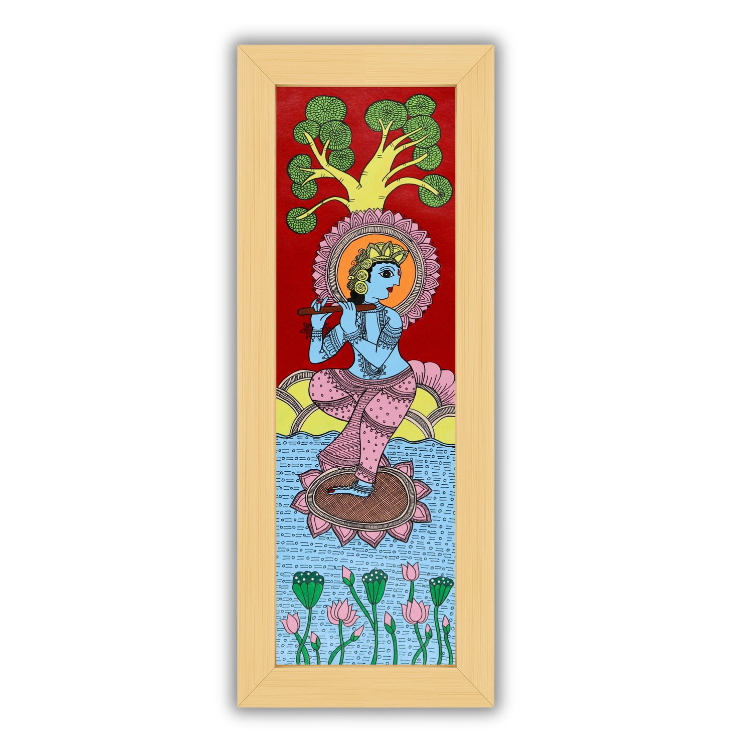 Handmade Kalamkari painting with Krishna design, framed and ready to hang – Indian folk art on wall
