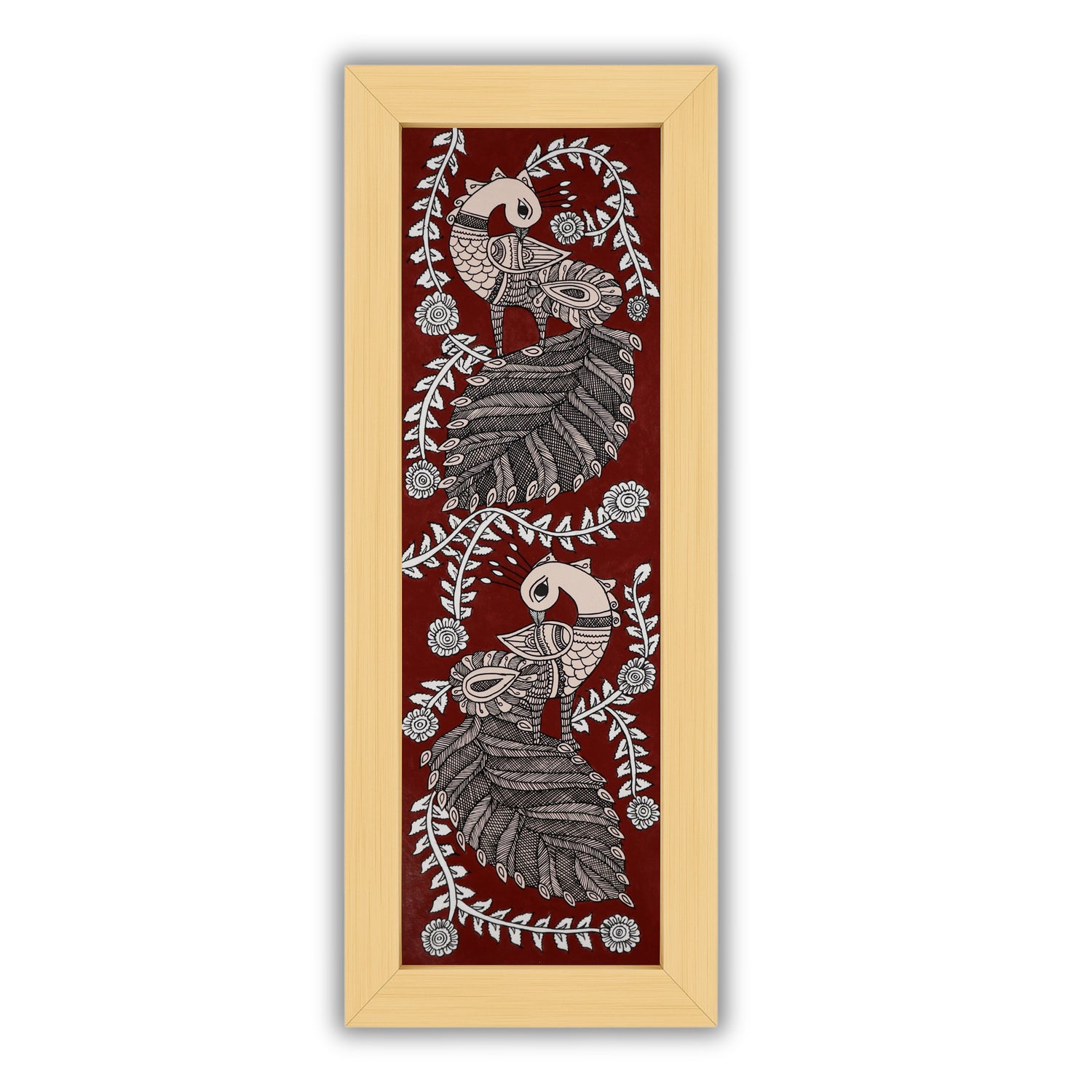 Handmade Kalamkari painting with peacock design, framed and ready to hang – Indian folk art on wall
