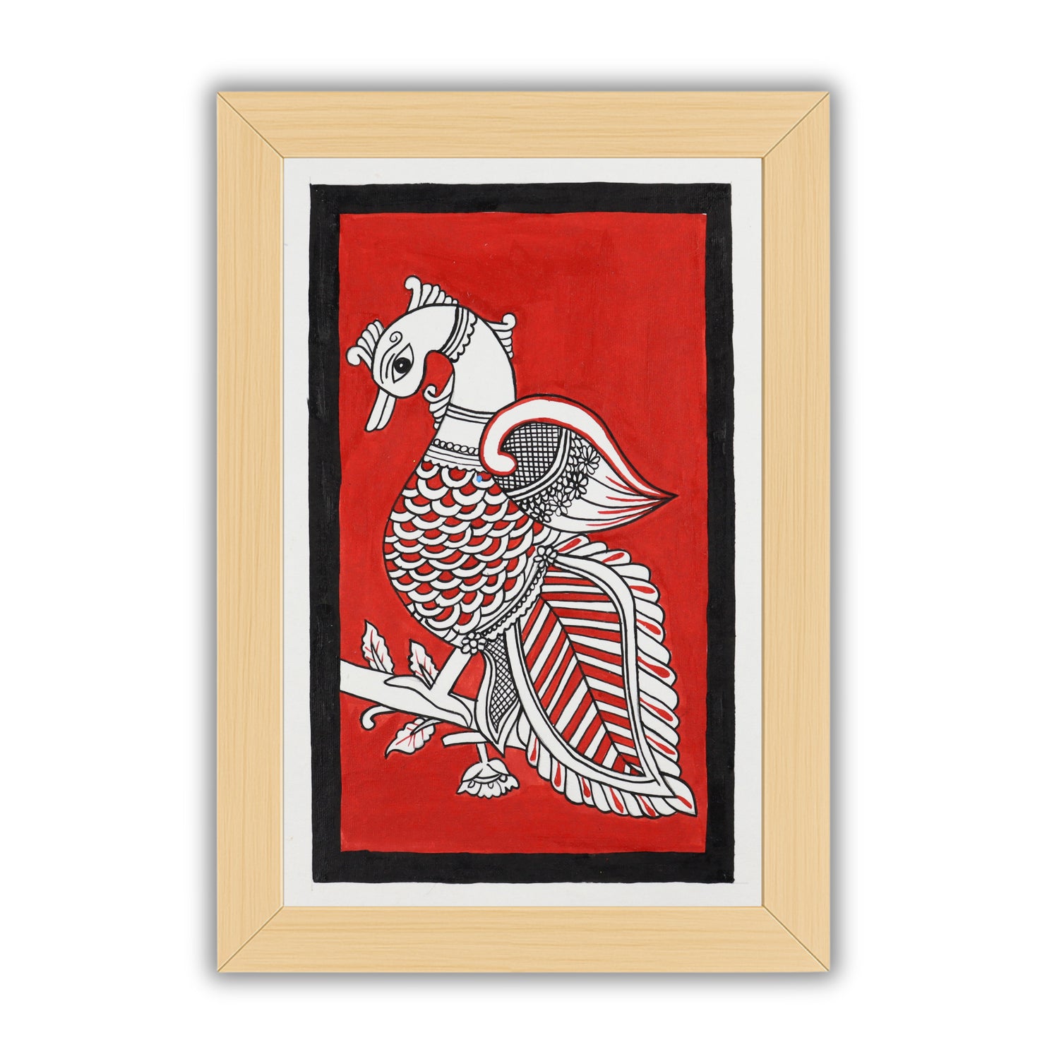 Handmade Kalamkari painting with Peacock motif, framed for wall decor – traditional Indian folk art
