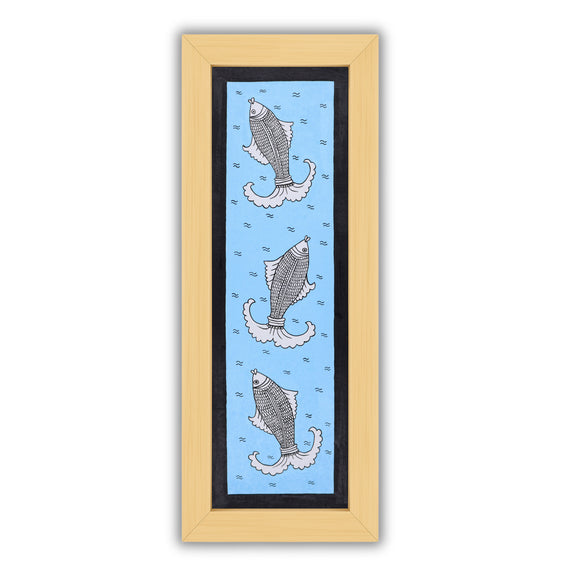 Handmade Kalamkari painting with Fish design, framed and ready to hang – Indian folk art on wall
