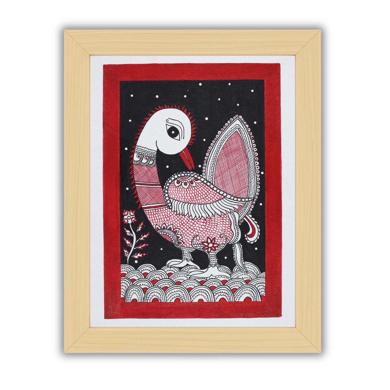 Handmade Kalamkari painting with Peacock motif, framed for wall decor – traditional Indian folk art
