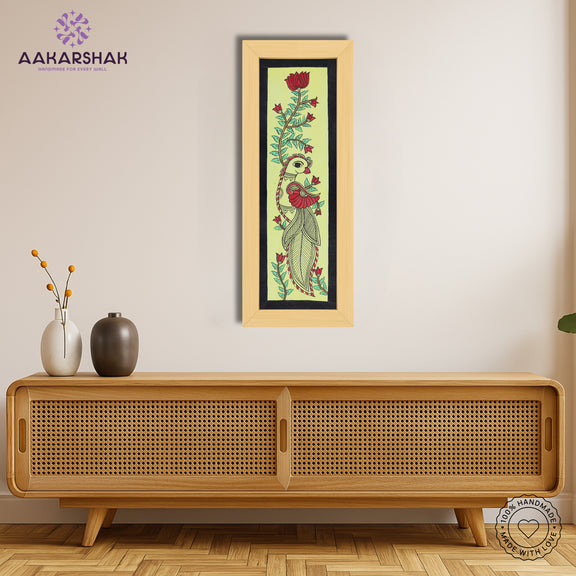 Traditional Indian wall painting displayed in modern home interior setting
