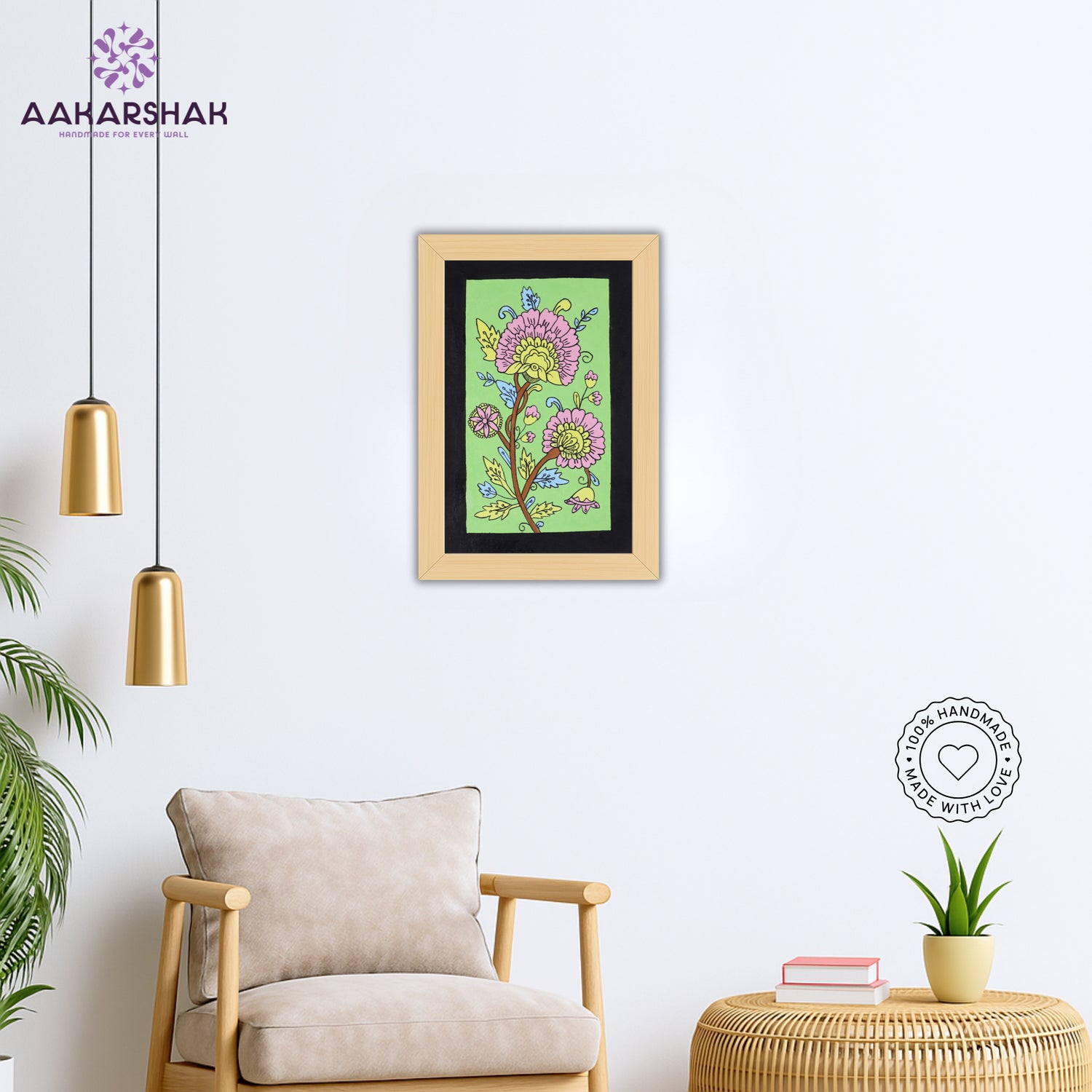 Kalamkari wall art displayed in living room – handcrafted Indian textile painting

