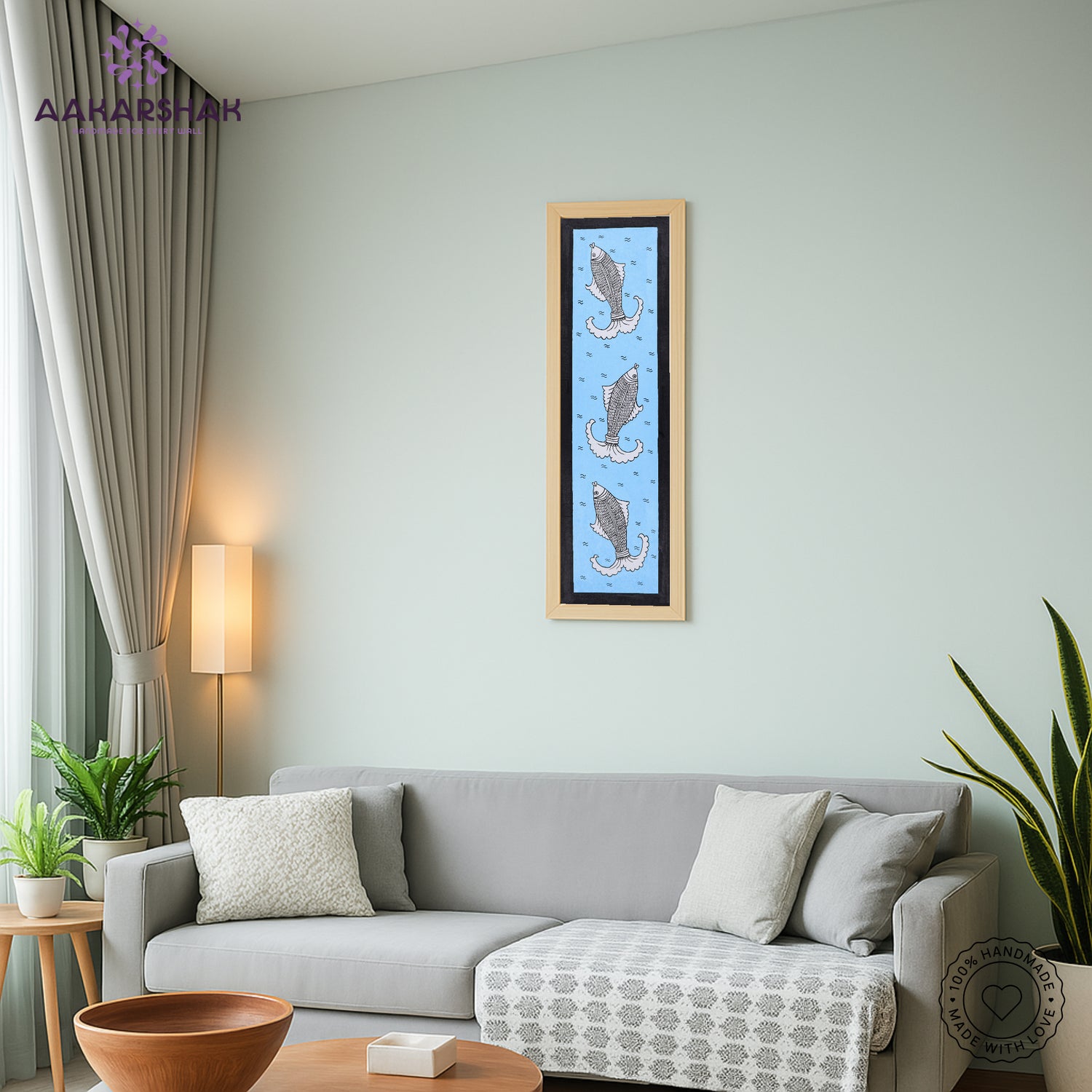 Kalamkari wall art displayed in living room – handcrafted Indian textile painting
