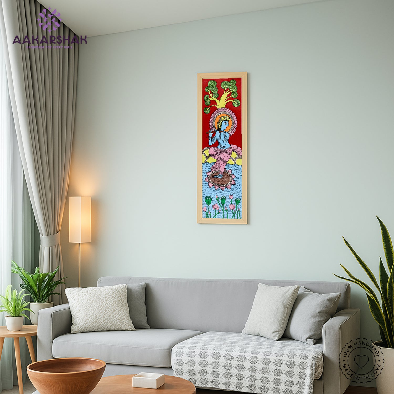 Kalamkari wall art displayed in living room – handcrafted Indian textile painting
