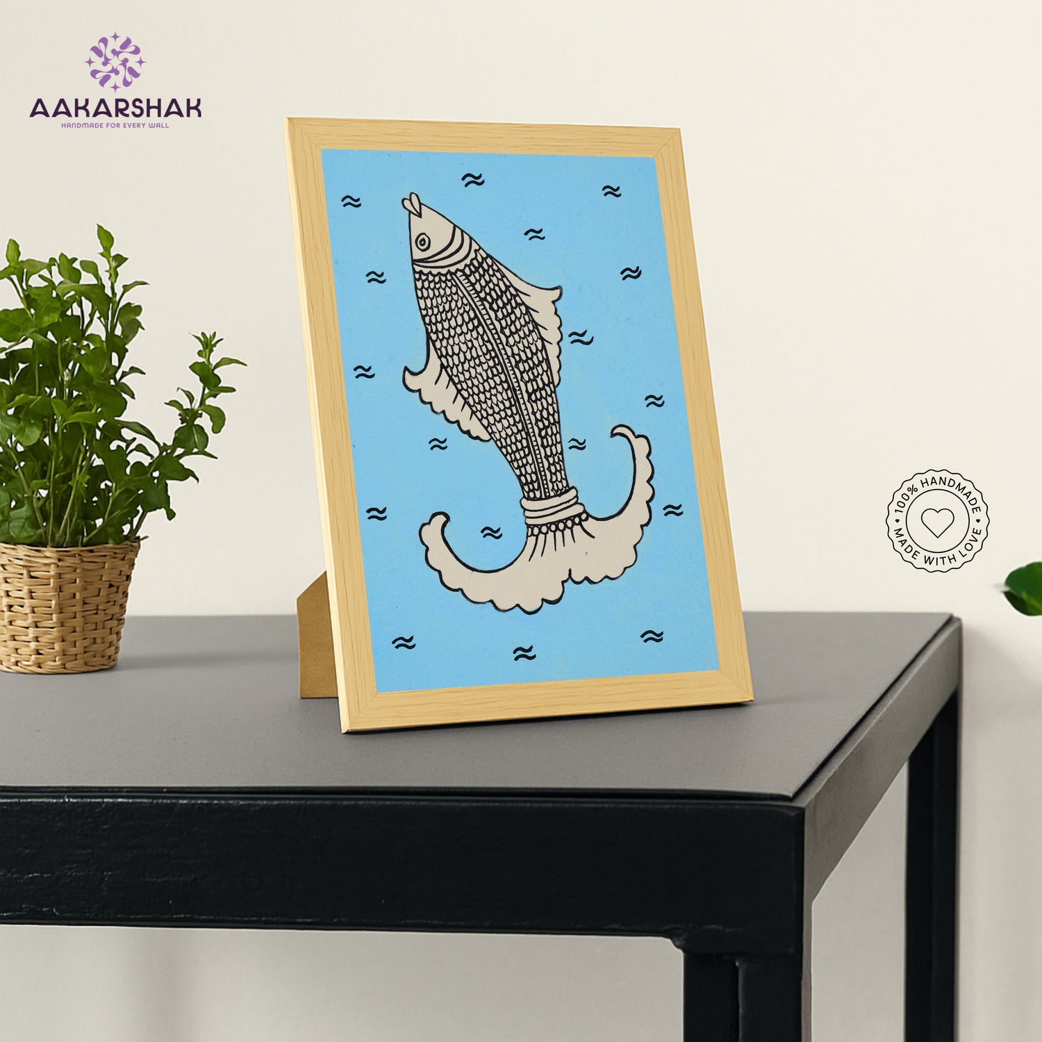 Tabletop or wall-mounted Kalamkari art framed with acrylic glass and wooden finish
