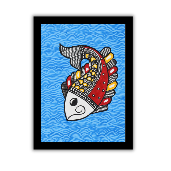 Handmade Madhubani Fish Painting in Frame – 6x8 Inch Indian Wall Art