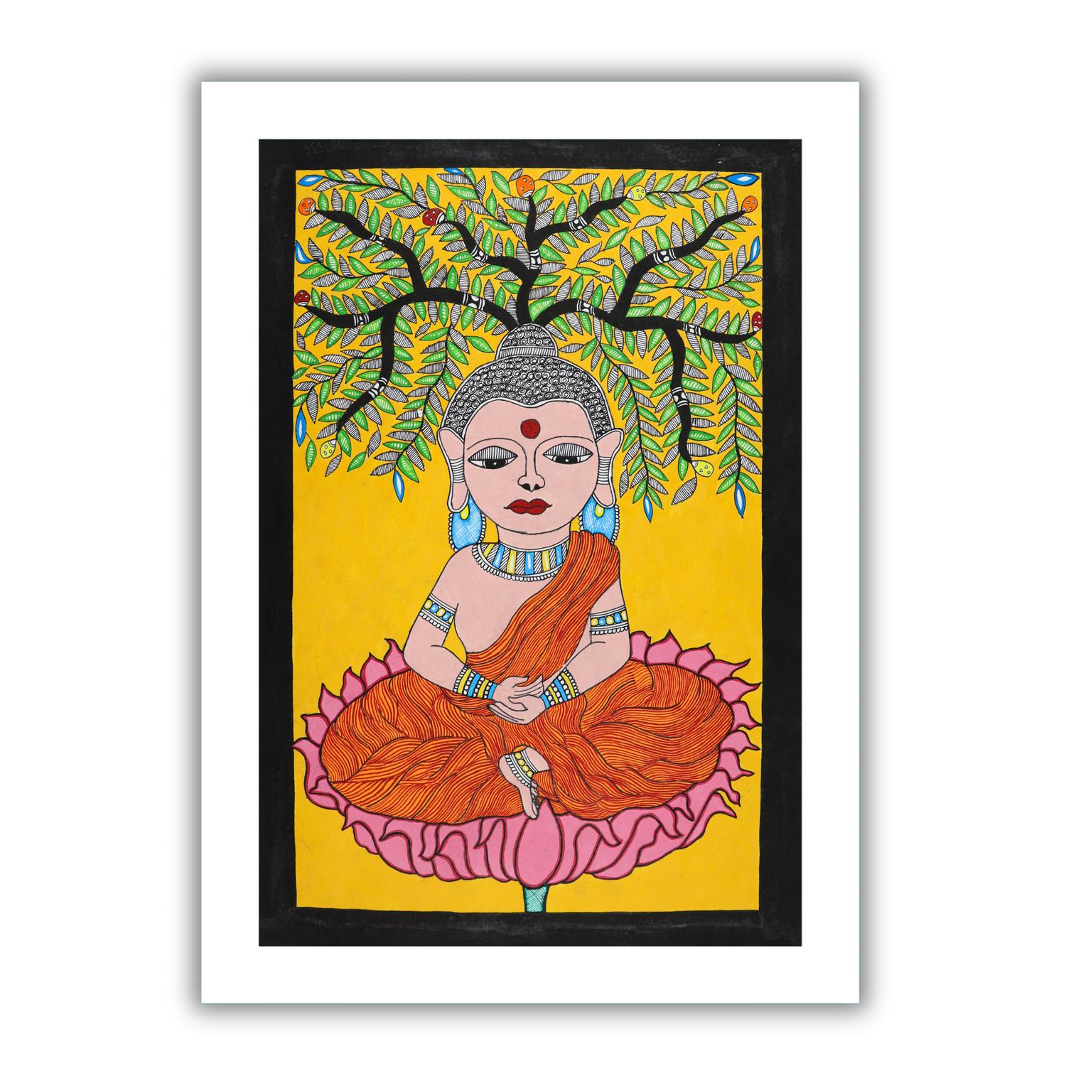 Handmade Meditating Lord  Madhubani Painting Indian Mithila Wall Art