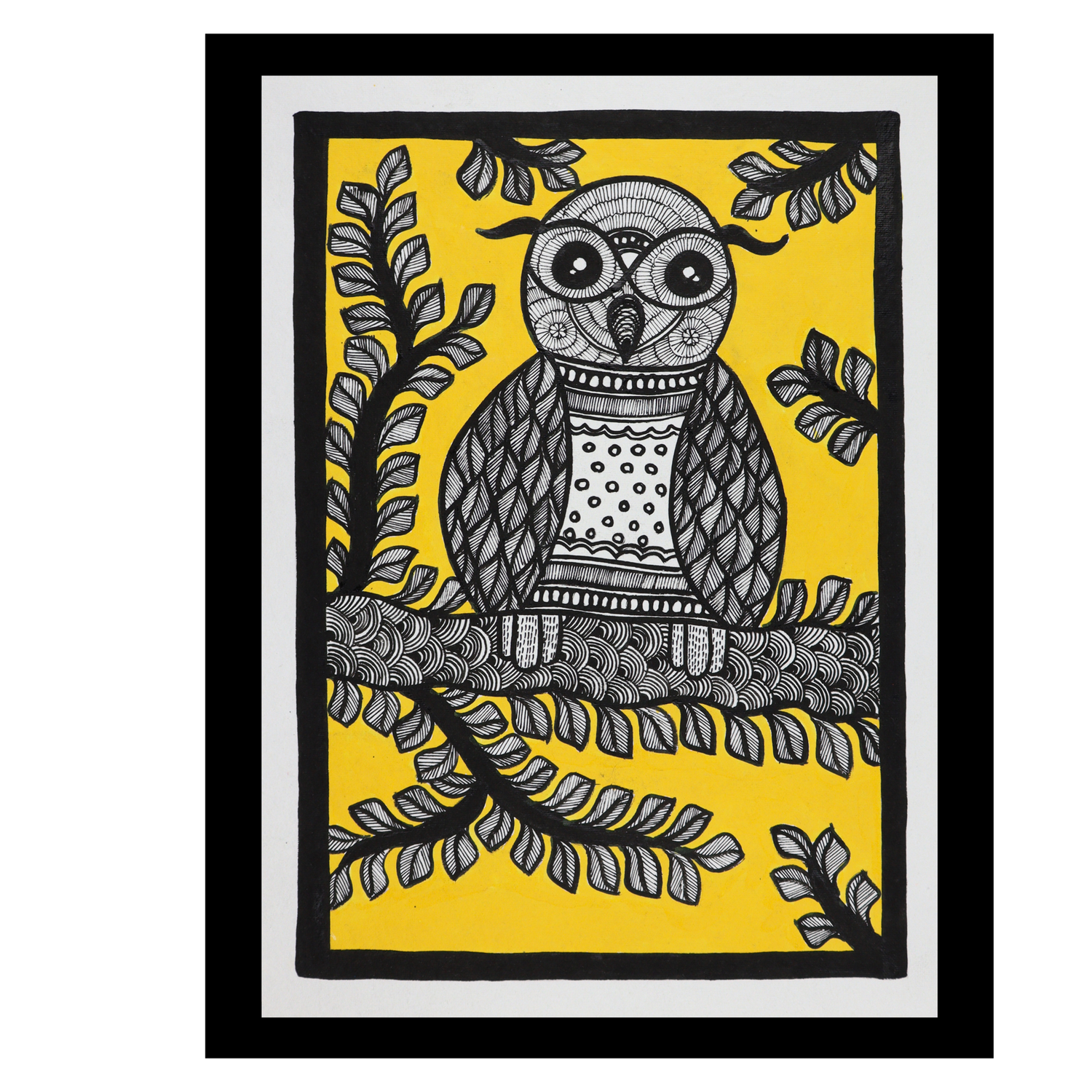 AAKARSHAK Madhubani Painting Handmade Owl Mithila art Framed Traditional Indian paintings for Wall Living room Home decor Gifts - 12x16 Inch |(MMD104)