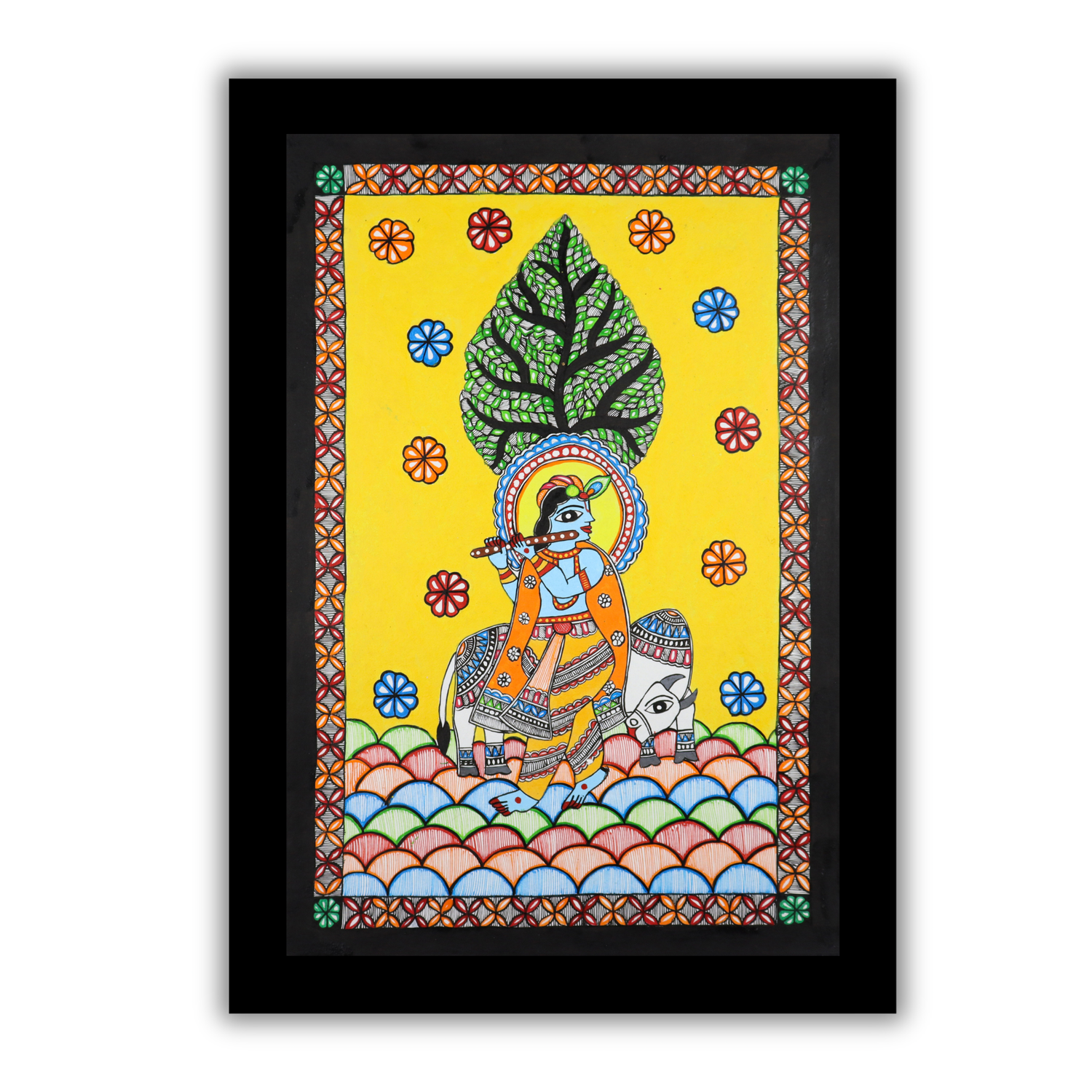 AAKARSHAK Madhubani Painting Handmade Krishna Mithila art Framed Traditional Indian paintings for Wall Living room Home decor Gifts - 17x24 Inch |(MLR106)