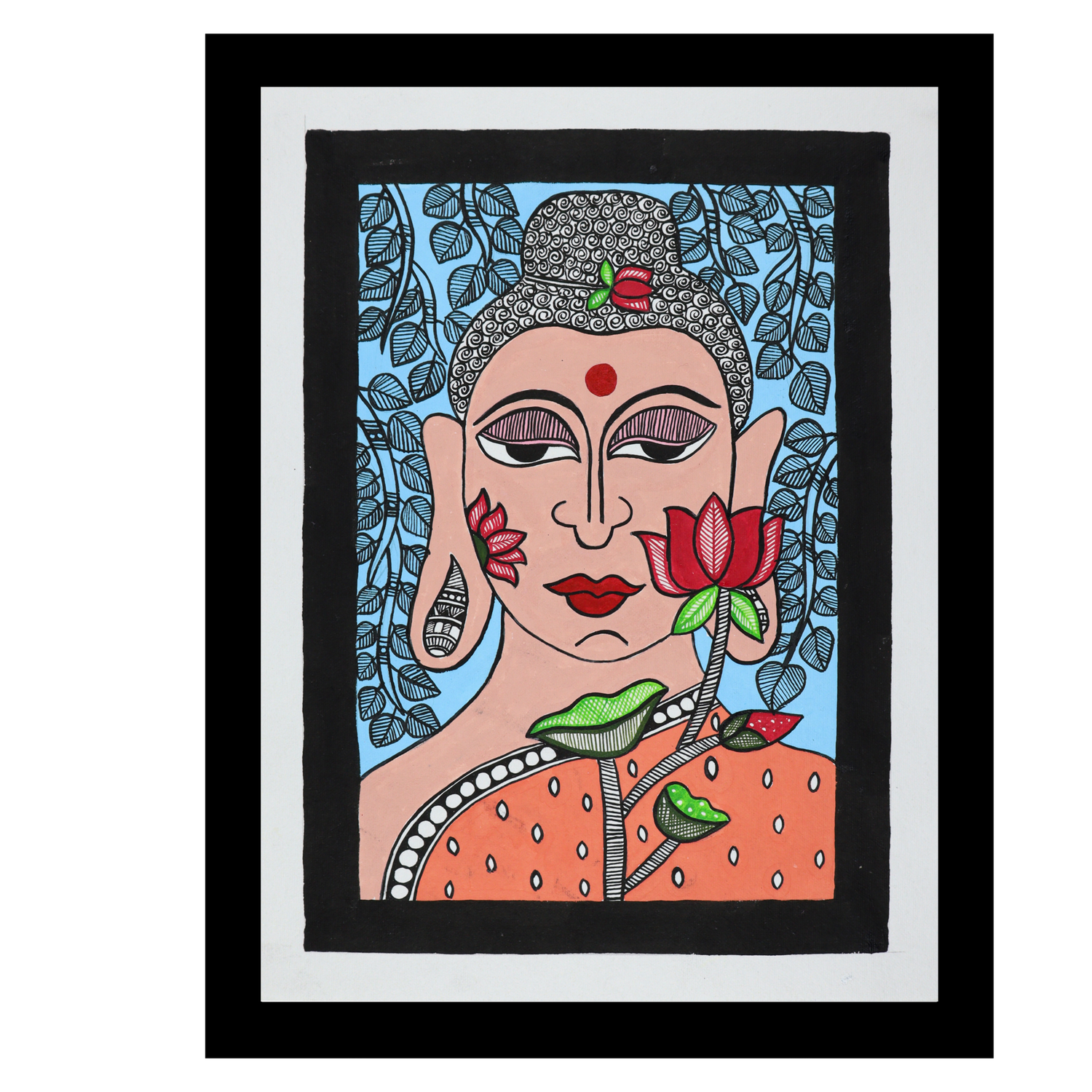 Handmade Lord Buddha Madhubani Painting Traditional Mithila Folk Art 12x16