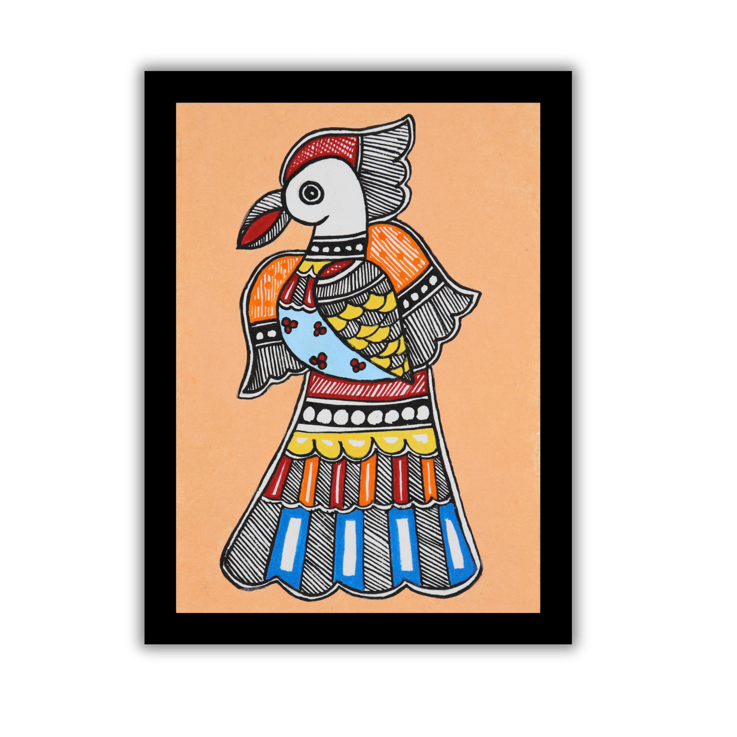 Handmade Madhubani painting of peacock in Mithila art style 