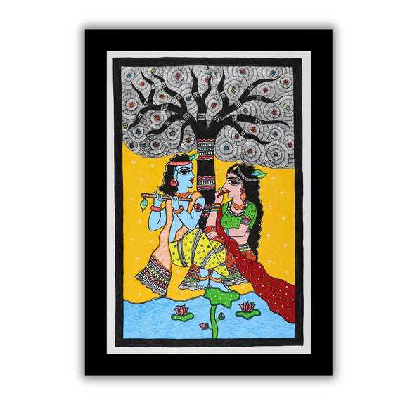 Handmade Madhubani painting with Radha And Krishna design, framed and ready to hang – Indian folk art on wall
