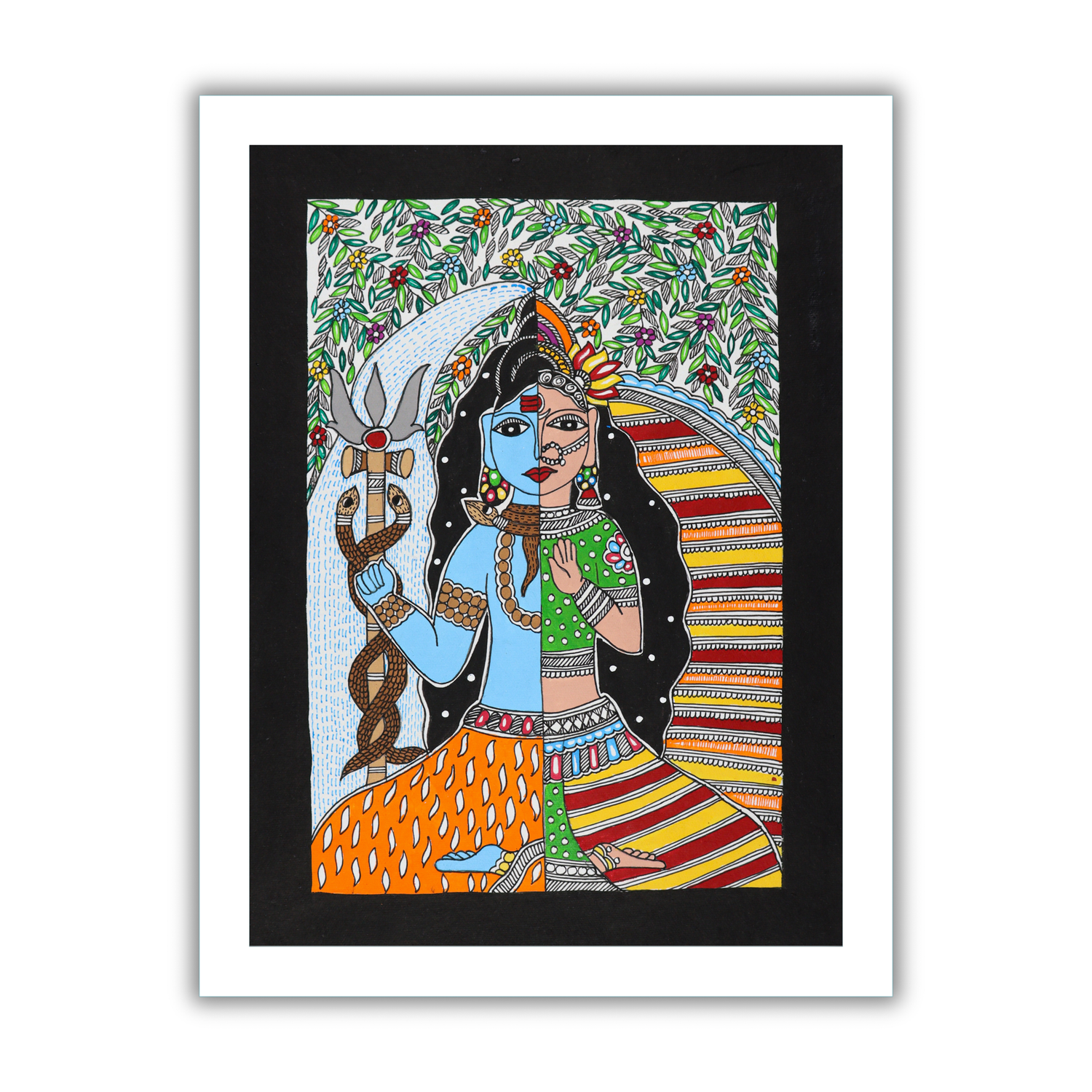 Handmade Ardhanarishvara Madhubani Painting with white Frame Mithila Art