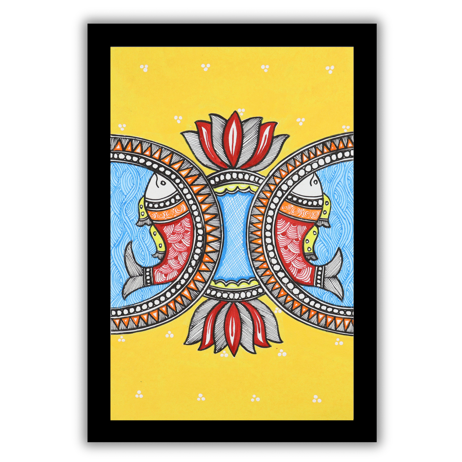 Handmade Madhubani Fish and Lotus Painting 8x12 Inch Framed Indian Wall Decor