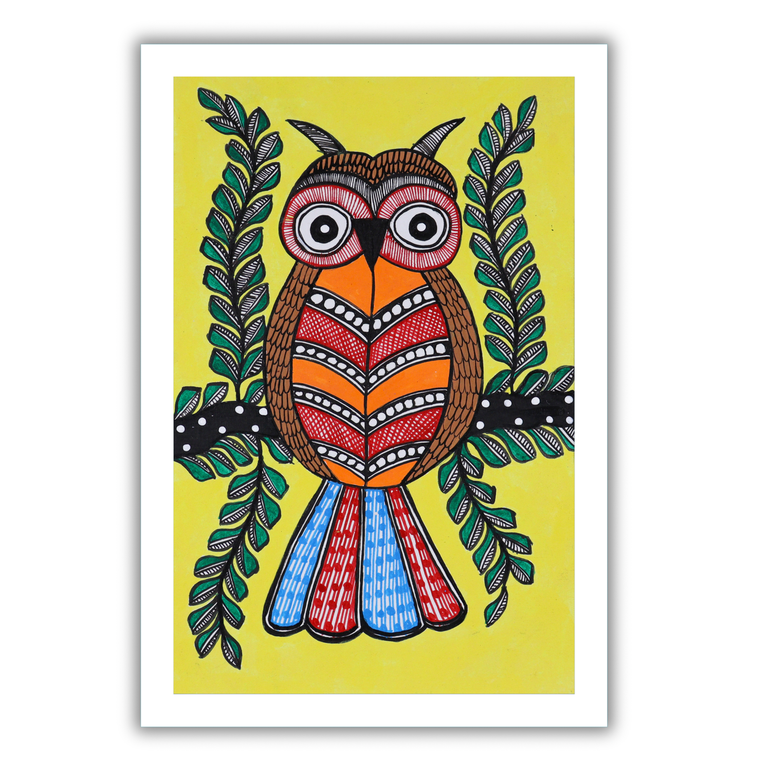 AAKARSHAK Madhubani Painting Handmade Owl Mithila art Framed Traditional Indian paintings for Wall Living room Home decor Gifts - 8x12 Inch |(WSM116)