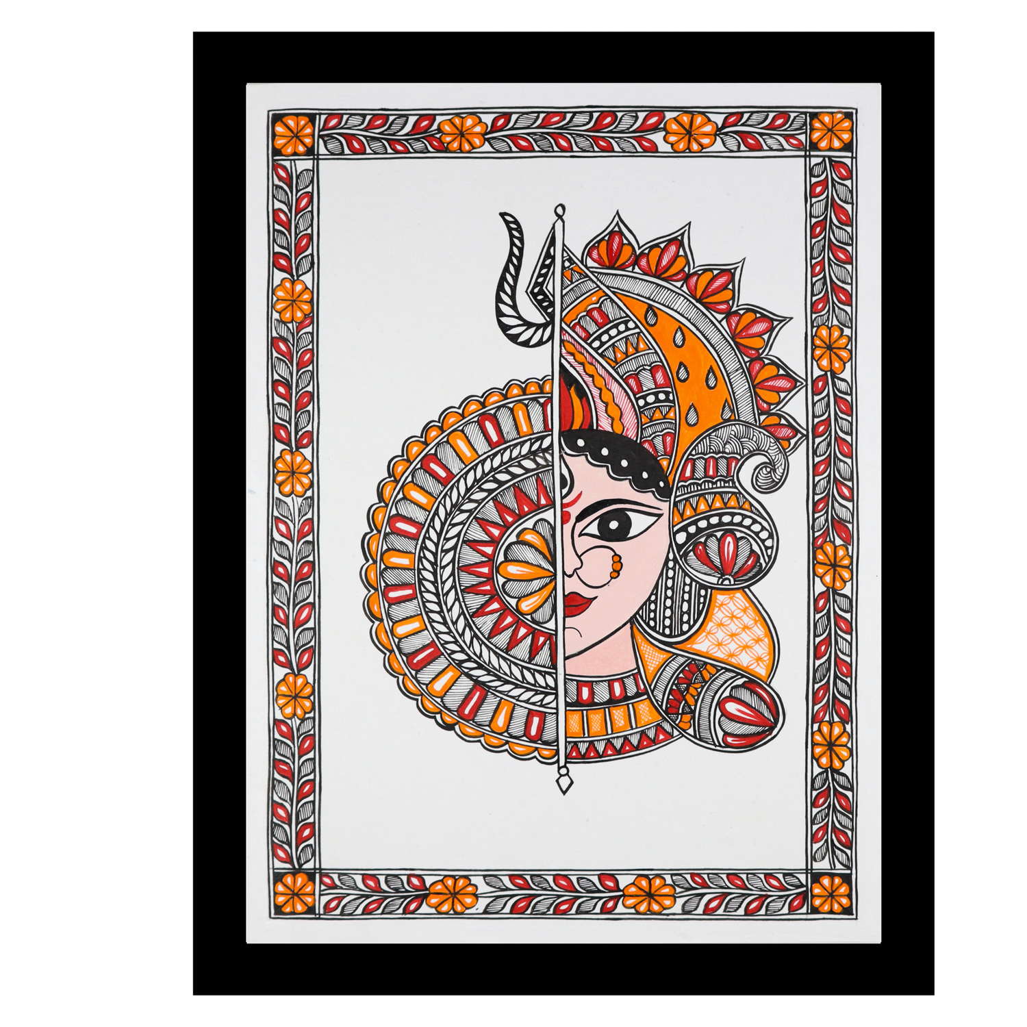 AAKARSHAK Madhubani Painting Handmade Durga Mithila art Framed Traditional Indian paintings for Wall Living room Home decor Gifts - 12x16 Inch |(MMD109)