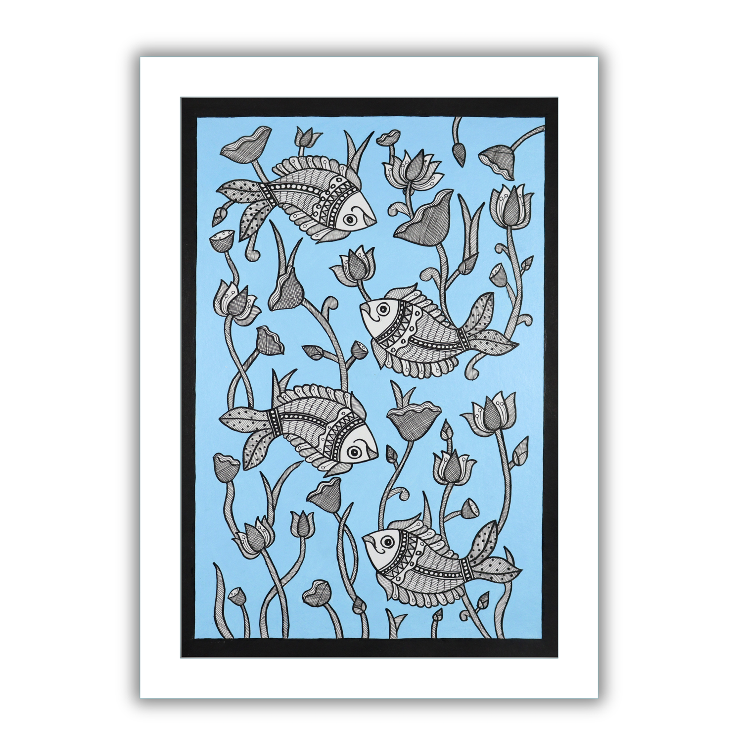 AAKARSHAK Madhubani Painting Handmade Fish Mithila art Framed Traditional Indian paintings for Wall Living room Home decor Gifts - 17x24 Inch |(WLG108)