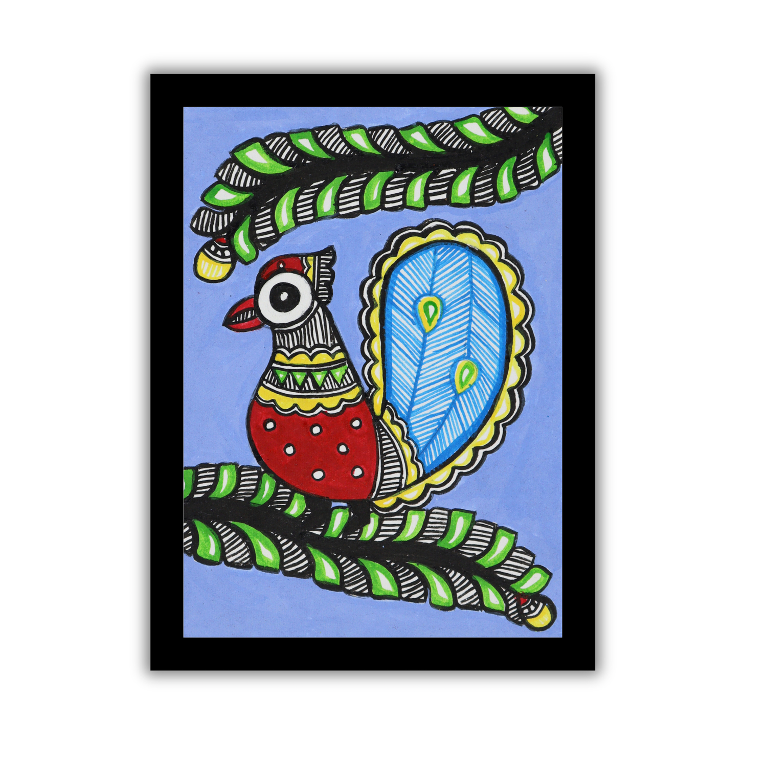 Handmade Peacock Madhubani Painting – Framed Mithila Art for Wall Decor (6x8 Inch)
