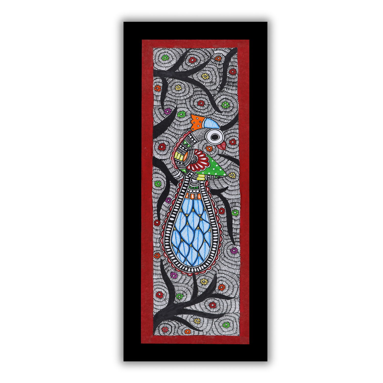 Handmade Madhubani peacock Painting 8x23 Inch Framed Indian Wall Decor