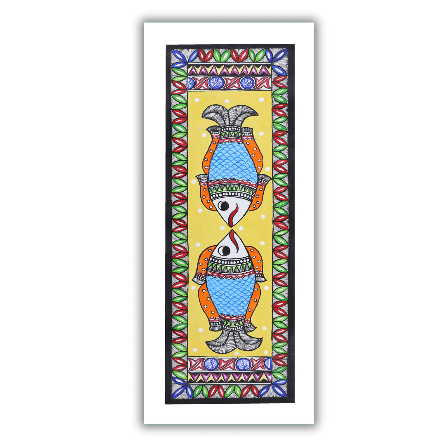Handmade Madhubani Fish Painting 8x23 Inch Indian Wall Decor