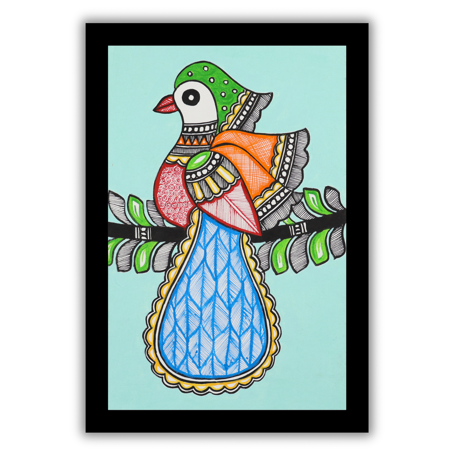 Handmade Madhubani peacock Painting 8x12 Inch Framed Indian Wall Decor