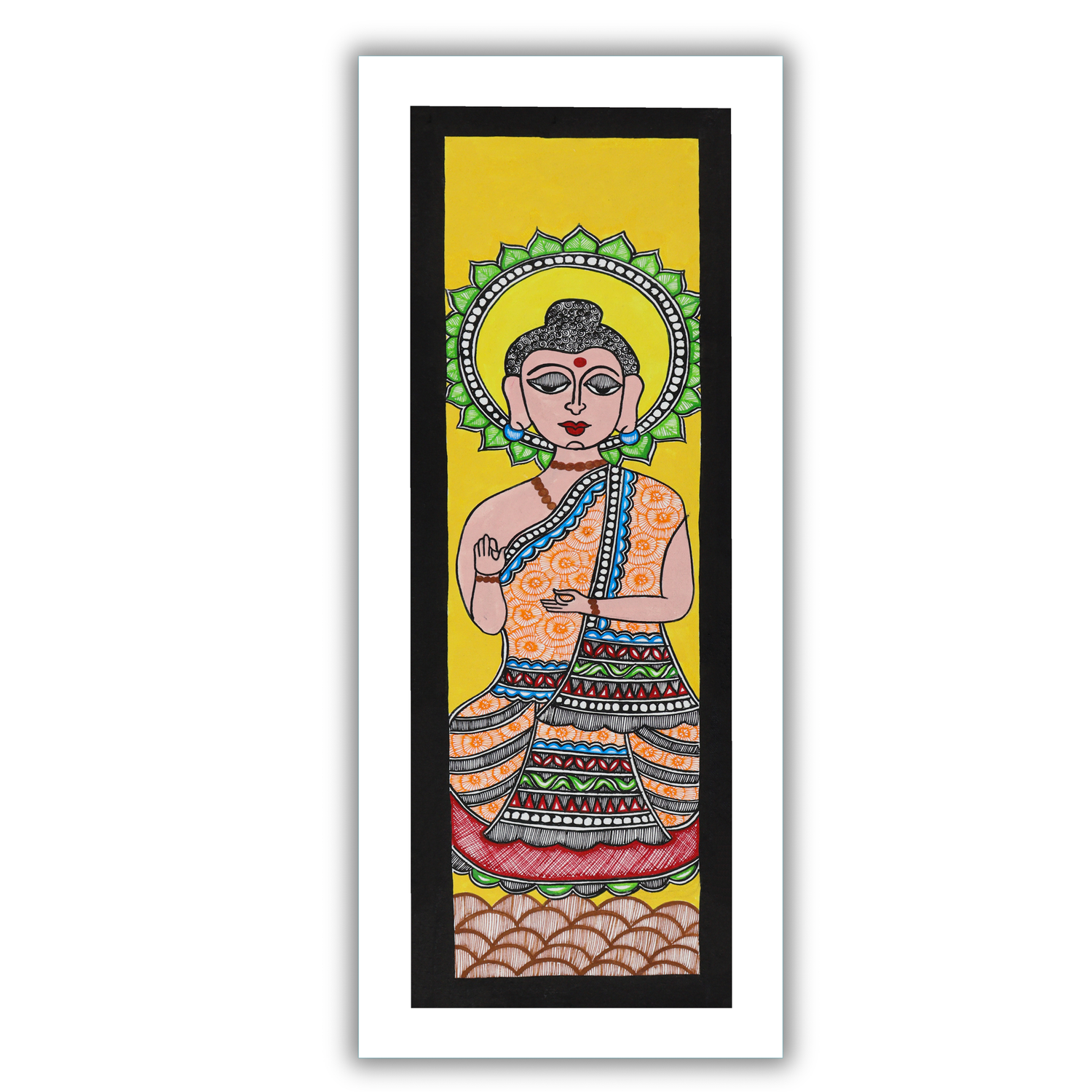 Handmade Lord Buddha Madhubani Painting Traditional Mithila Folk Art 8x23inch