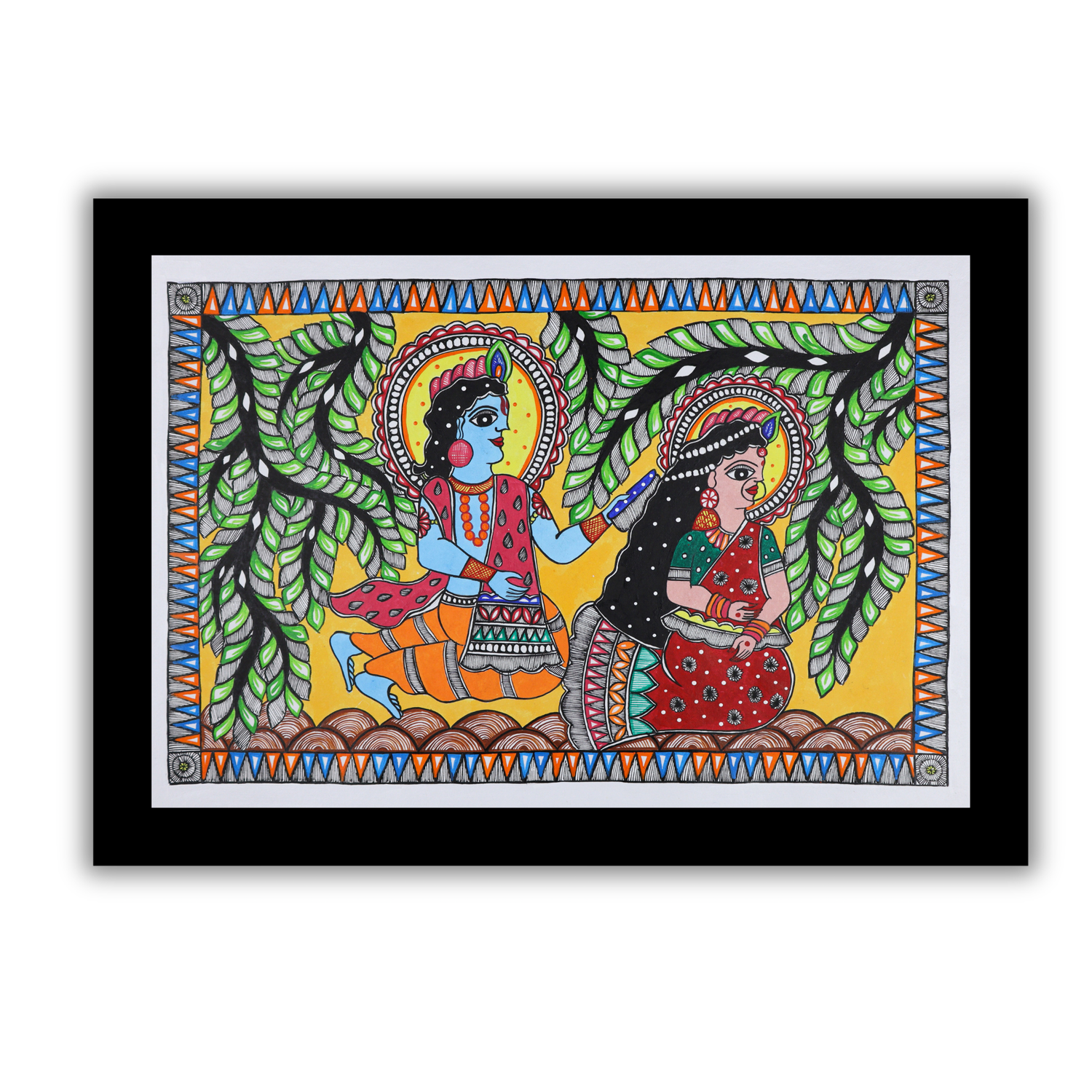 AAKARSHAK Madhubani Painting Handmade Radha Krishan Mithila art Framed Traditional Indian paintings for Wall Living room Home decor Gifts - 17x24 Inch |(MLR102)