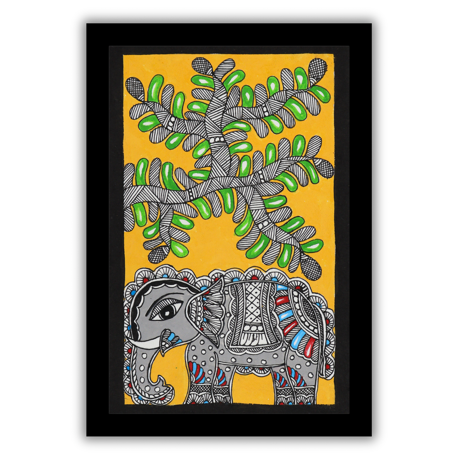 Handmade Elephant Madhubani Painting Framed Mithila Art Wall Decor (8x12)