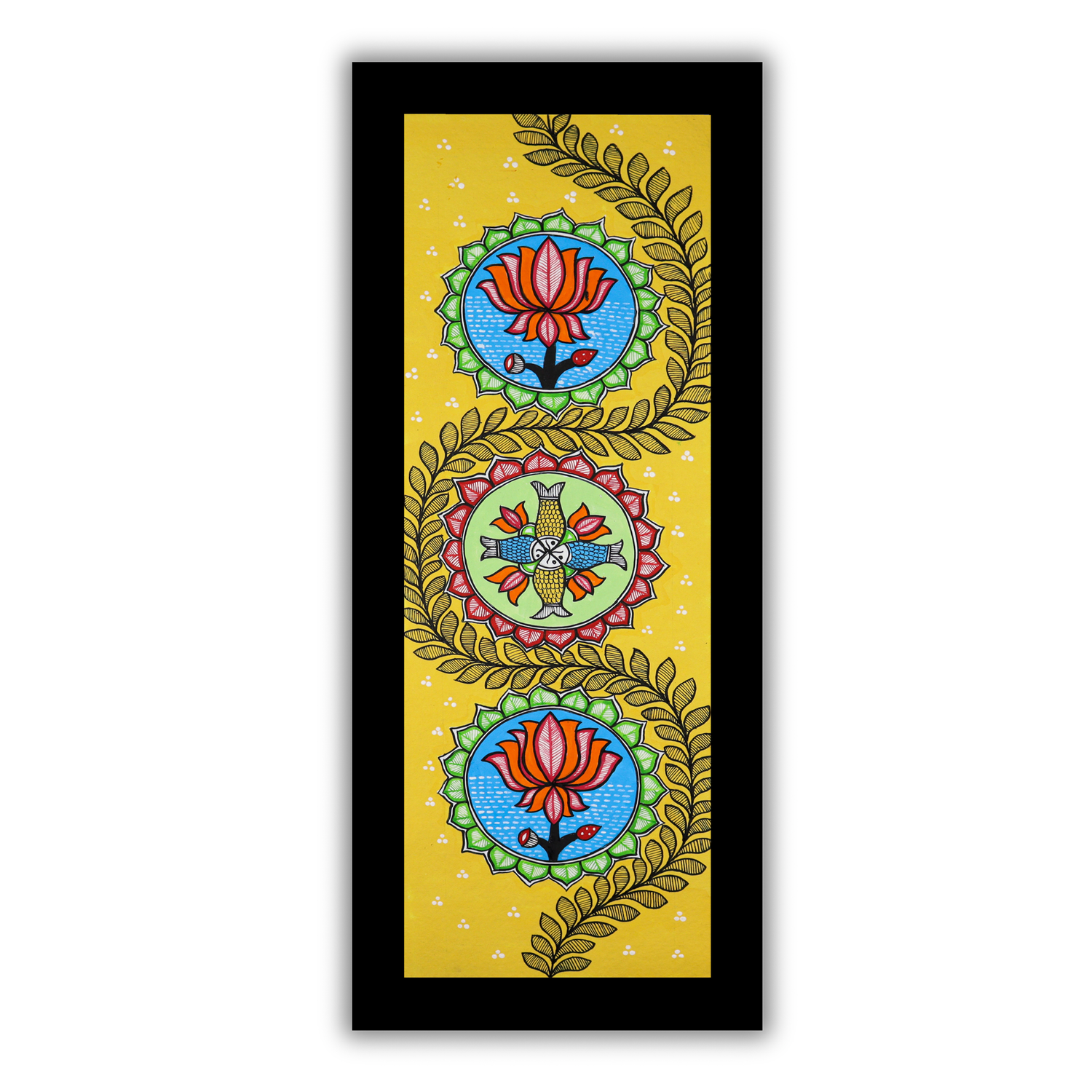 Handmade Madhubani Lotus Painting 8x23 Inch Framed Indian Wall Decor