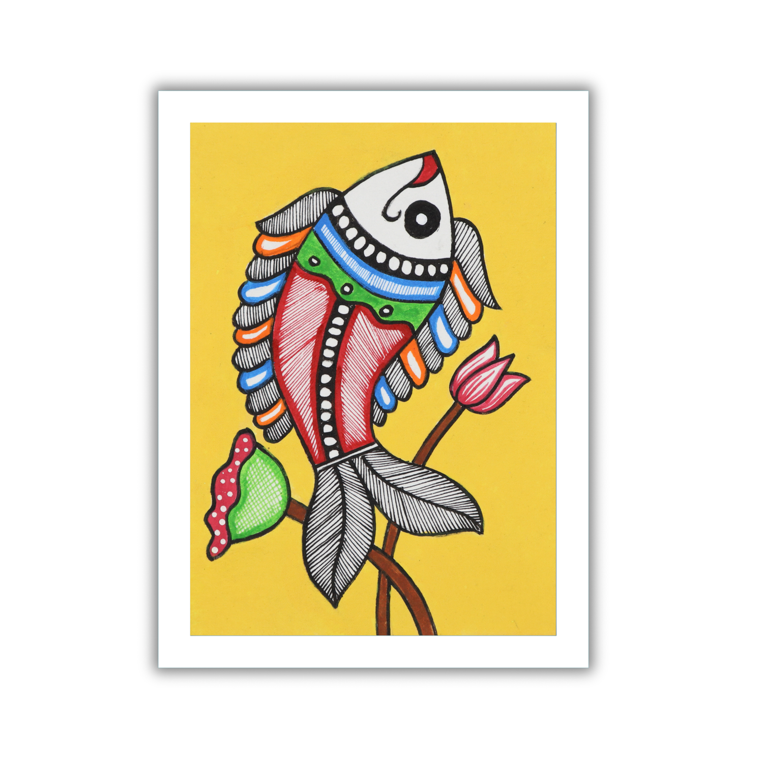 AAKARSHAK Madhubani Painting Handmade Fish Lotus Mithila art Framed Traditional Indian paintings for Wall Living room Home decor Gifts - 6x8 Inch |(WMN114)