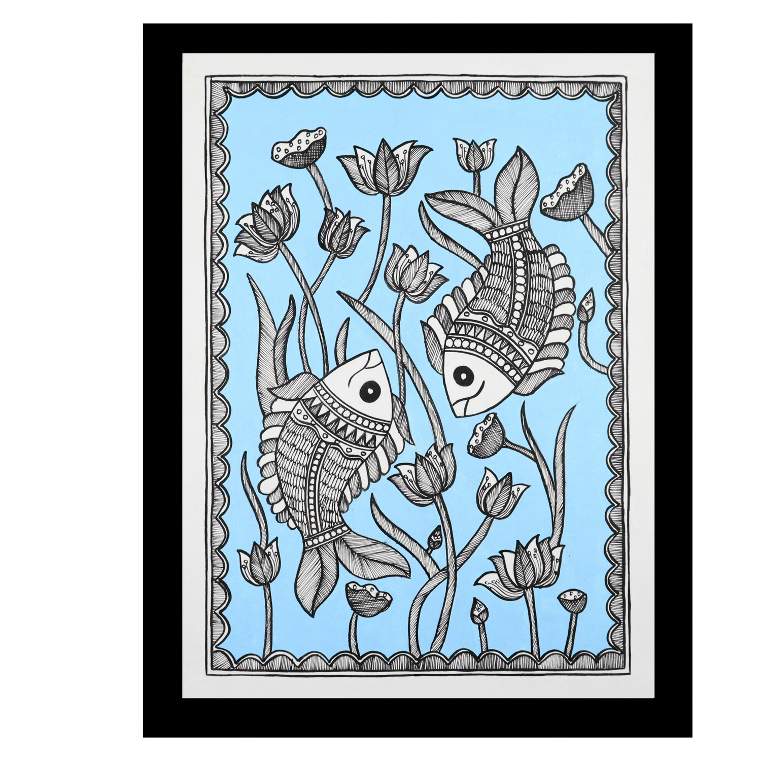 AAKARSHAK Madhubani Painting Handmade Fish Mithila art Framed Traditional Indian paintings for Wall Living room Home decor Gifts - 12x16 Inch |(MMD112)