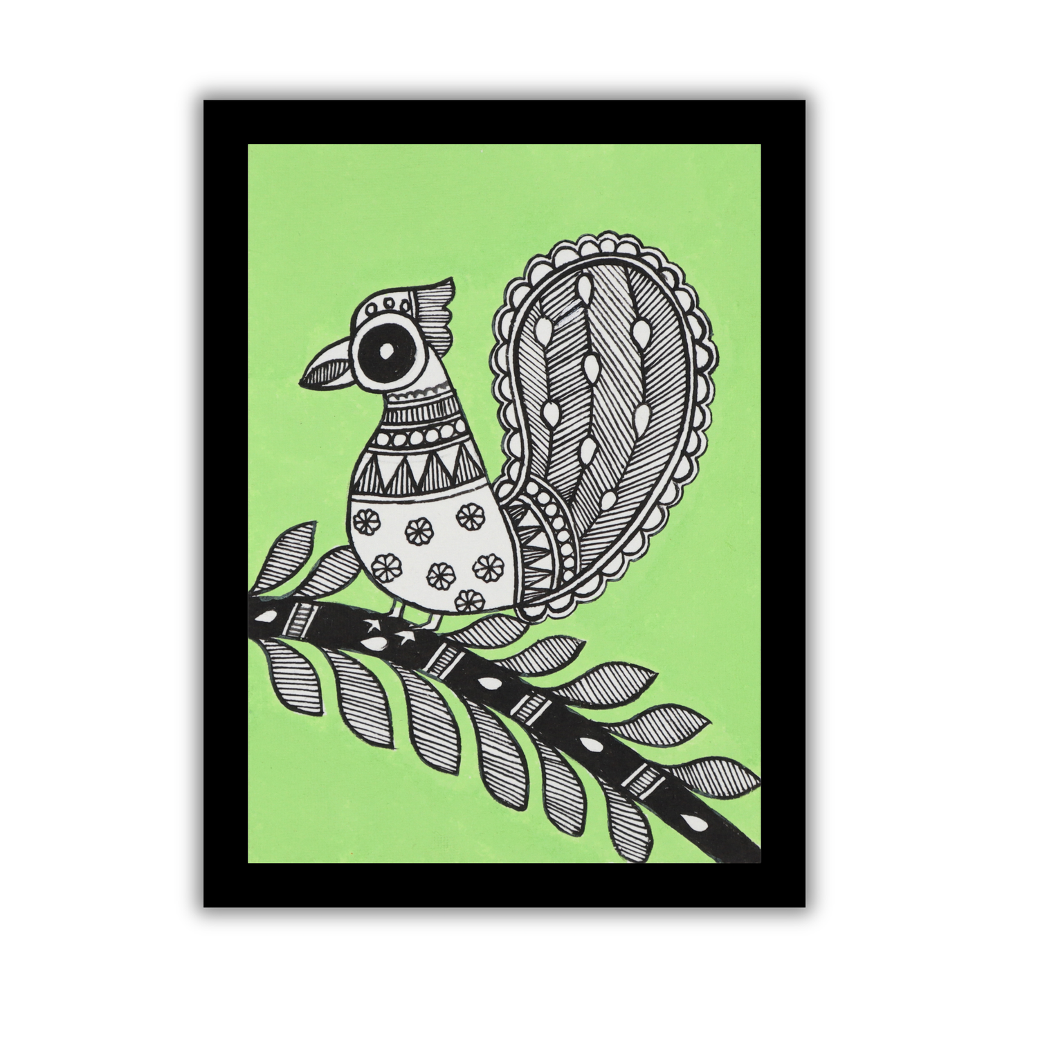 black and white madhubani painting of peacock