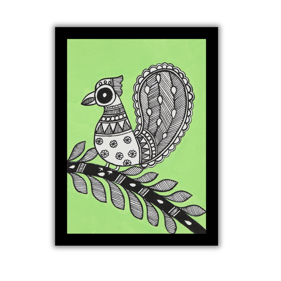 black and white madhubani painting of peacock