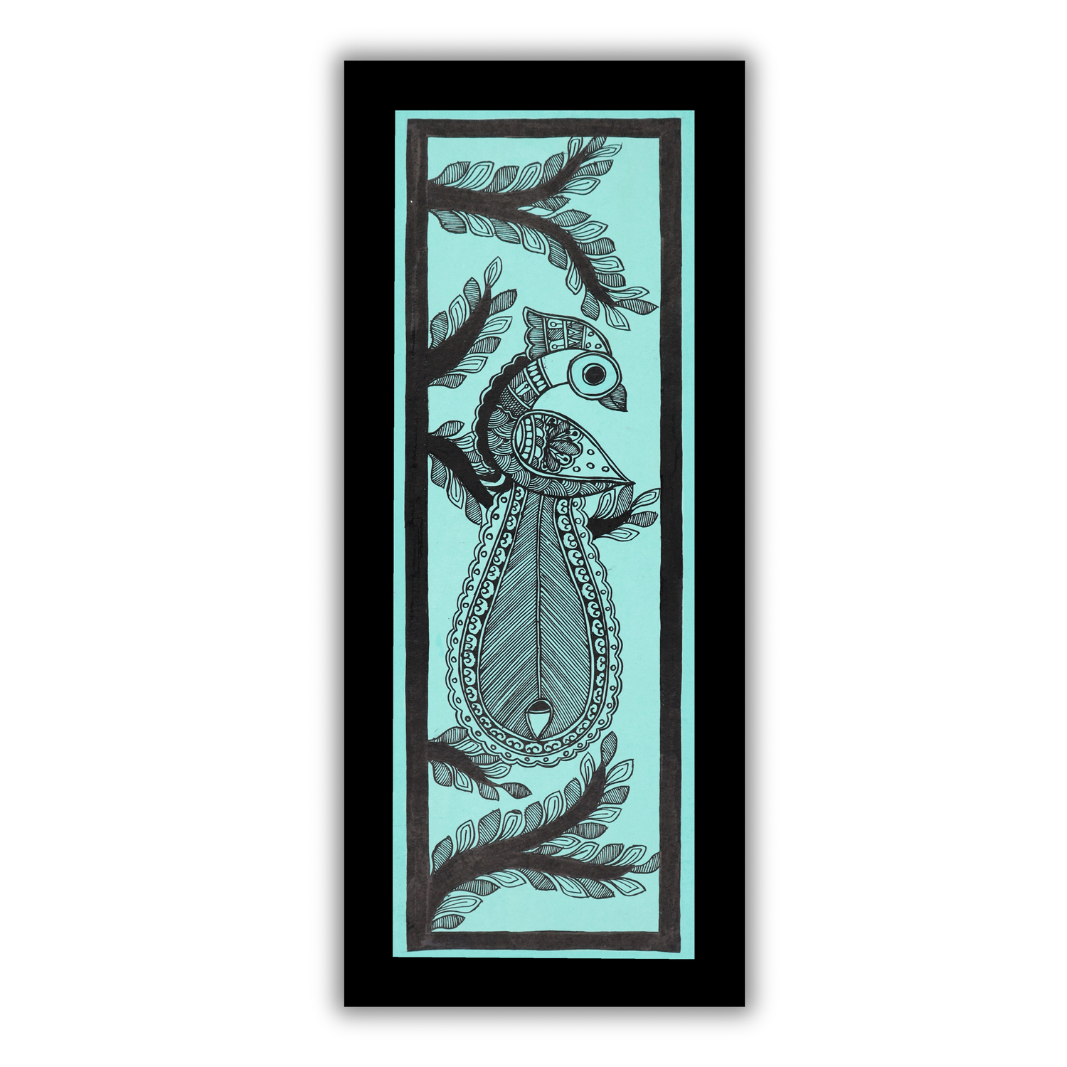 Handmade Madhubani art peacock Painting Framed Indian Wall Decor 8x23 Inch
