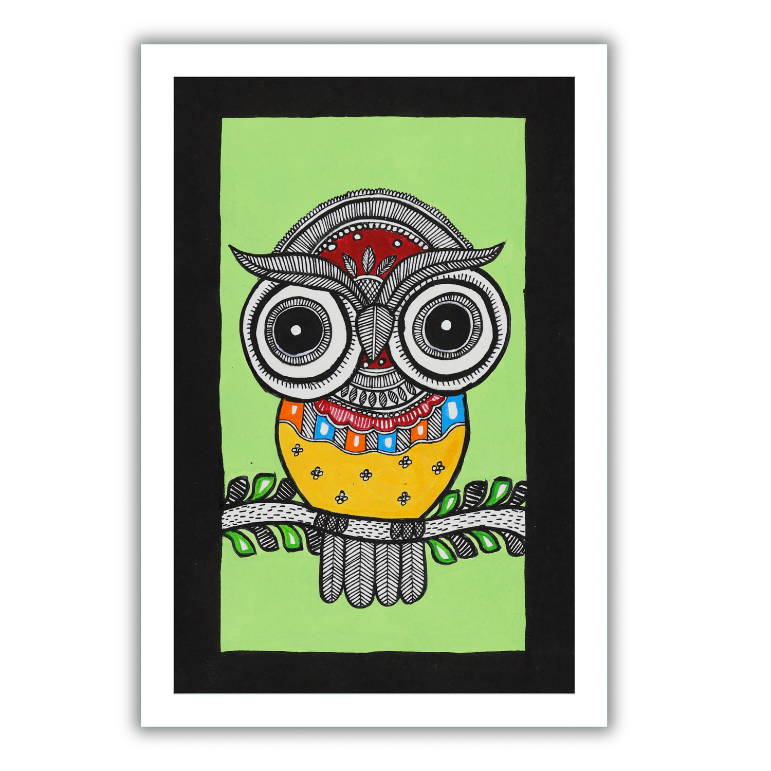 AAKARSHAK Madhubani Painting Handmade Owl Mithila art Framed Traditional Indian paintings for Wall Living room Home decor Gifts - 8x12 Inch |(WSM103)