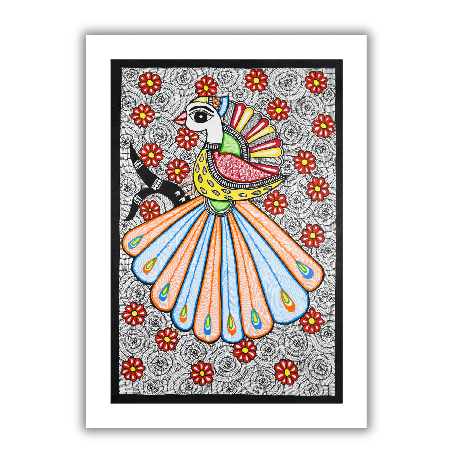 AAKARSHAK Madhubani Painting Handmade Peacock Mithila art Framed Traditional Indian paintings for Wall Living room Home decor Gifts - 17x24 Inch |(WLG109)