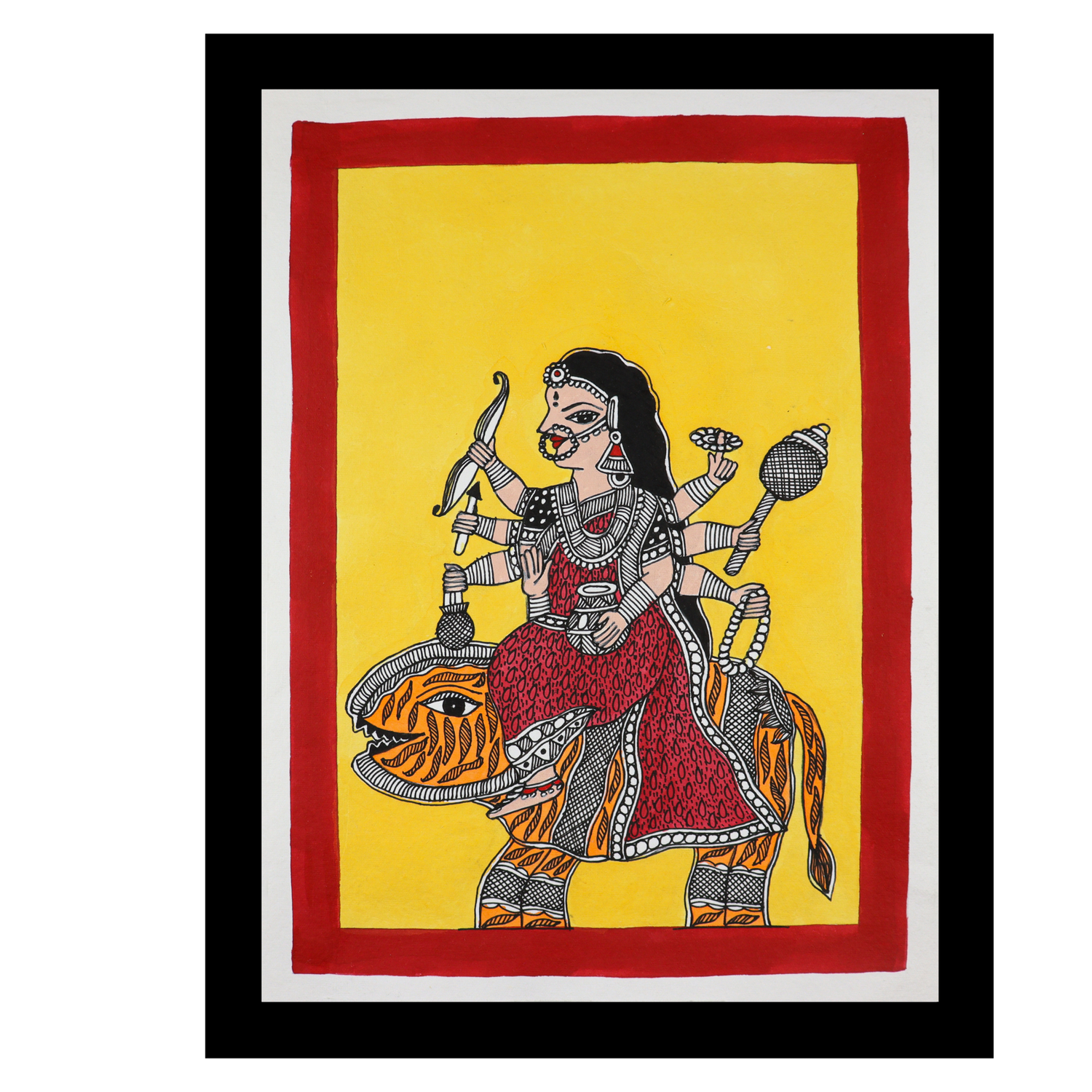 Handmade Madhubani Maa Durga Painting 12x16 Inch Framed Indian Wall Decor